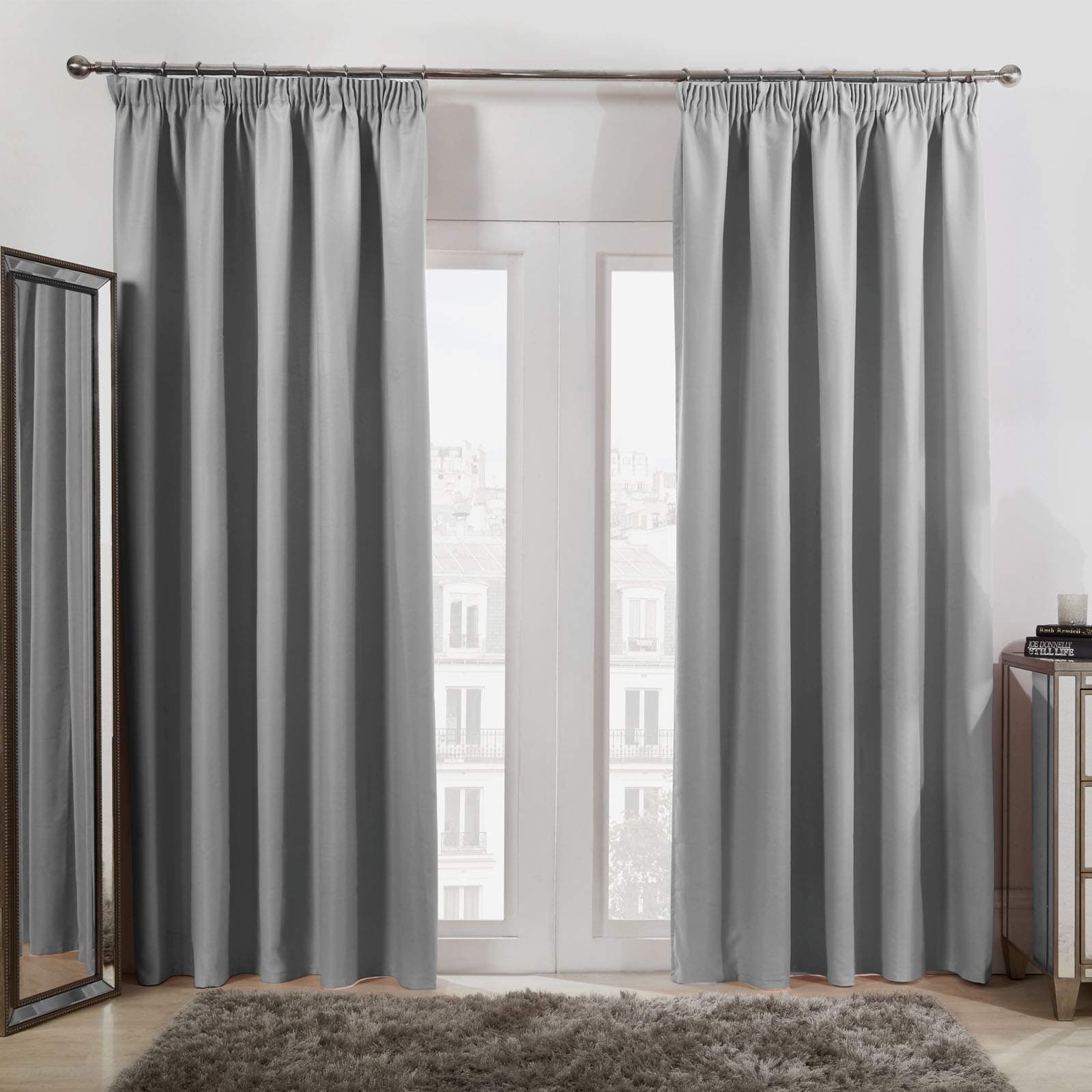 Dreamscene Pencil Pleat Blackout Curtains Set of 2 Thermal Tape Top Heading Panels, Silver Grey - Width 66" x Drop 72"