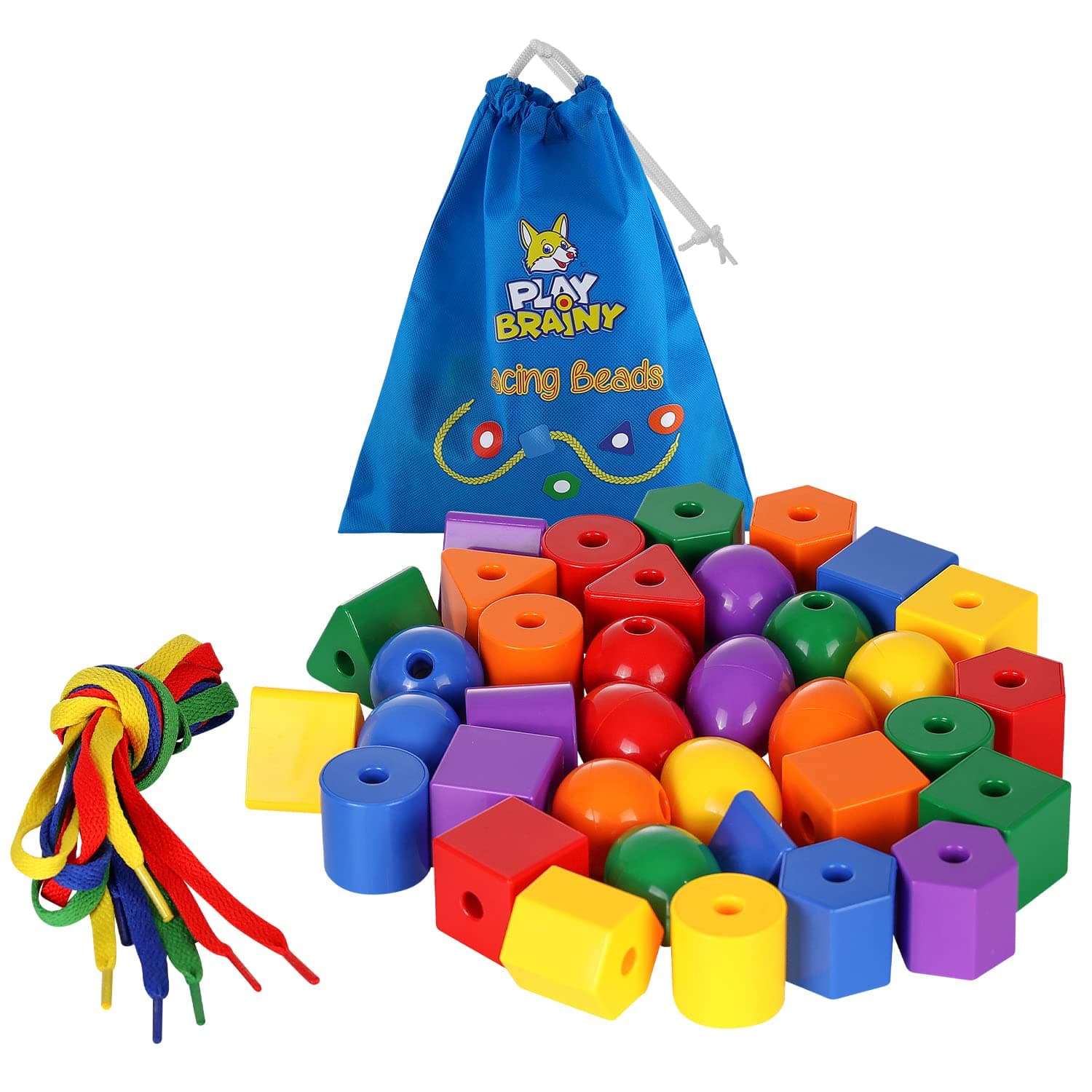 Play Brainy Lacing Beads for Kids - 36-Piece Lacing Beads Kit with Multicolored Polygon Beads and 4 Strings - Jumbo Primary Lacing Beads, Montessori Toys, Occupational Therapy Toys for Ages 3 and Up