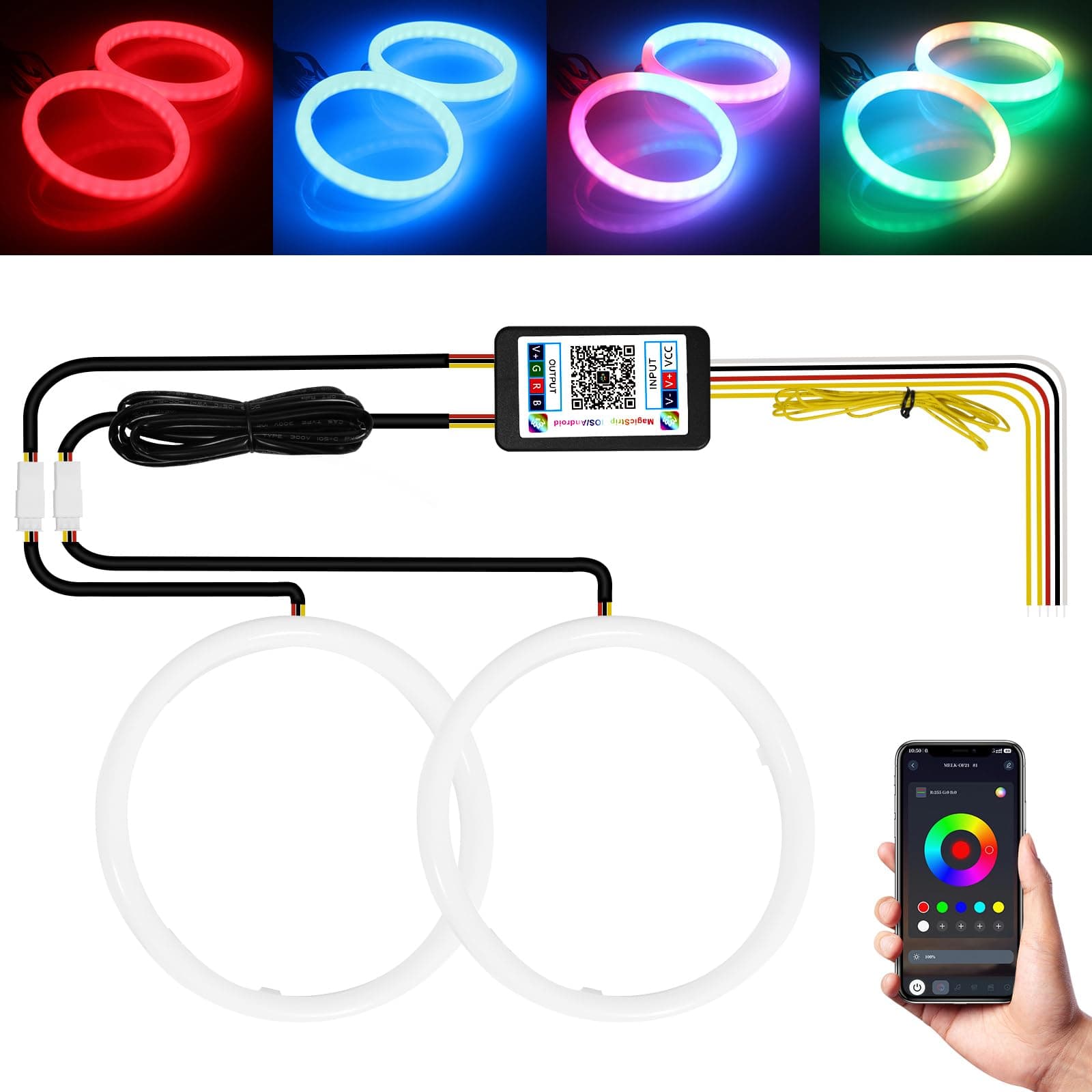Qasim Angel Eyes Halo Rings Cotton Lights 12V 80MM RGB LED Universal for Car Scooter Motorcycle DRL with Turn Signal Function APP Bluetooth Control Multi-Color 2-Pack