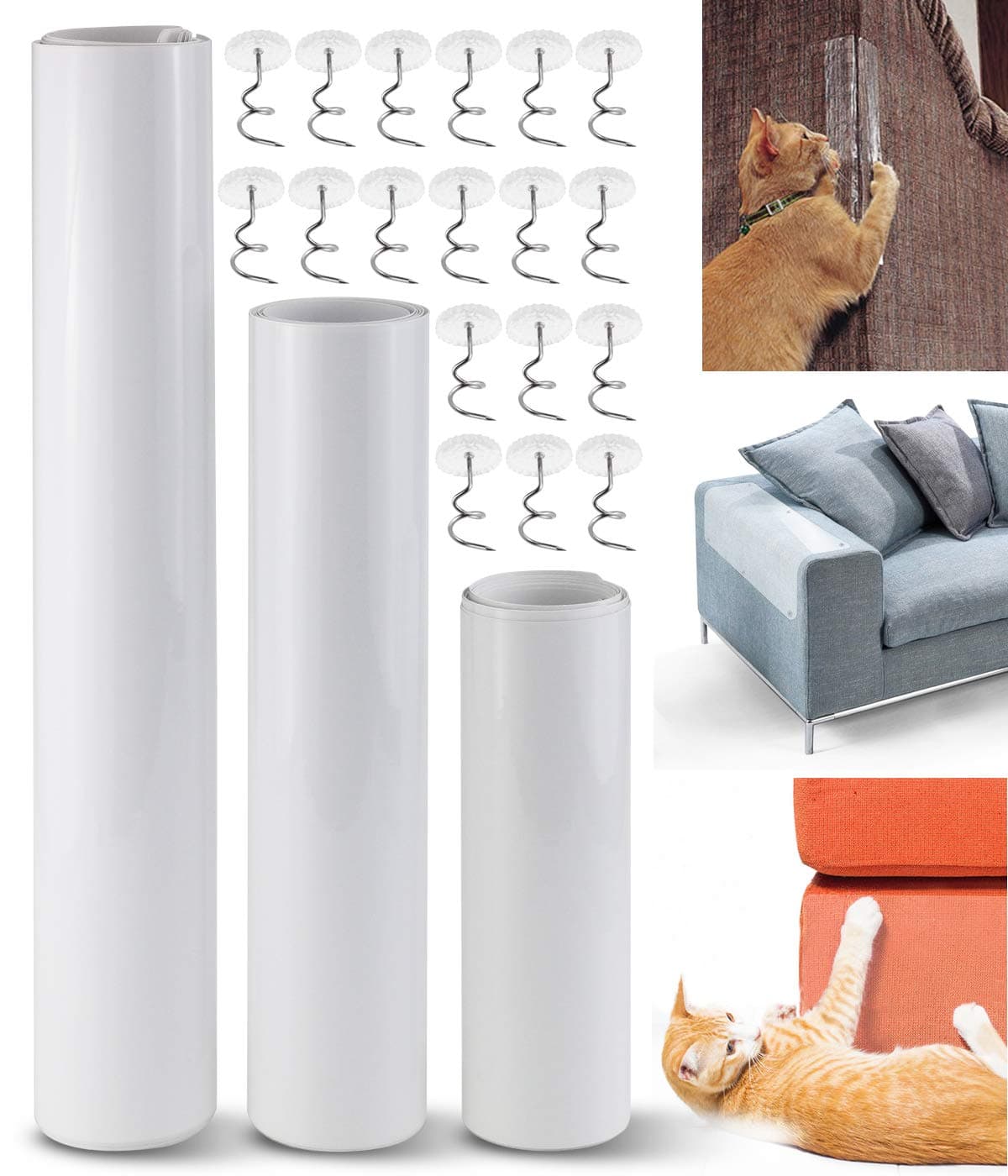 12 Pack Cat Furniture Protector, 3 Sizes Clear Self-Adhesive Pet Scratch Guards with Free Pins Cat Dog Claw Guards Pads for Upholstery, Sofa, Door, Wall, Mattress, Car Seat Protector Pad