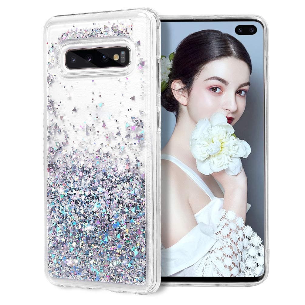Samsung Galaxy S10 Case, Clear Liquid Glitter Case Air-Cushion Drop Resistant Bling Shiny Sparkle Flowing Shockproof Soft TPU Bumper Shell Slim Cover for Samsung Galaxy S10 6.1" - Silver