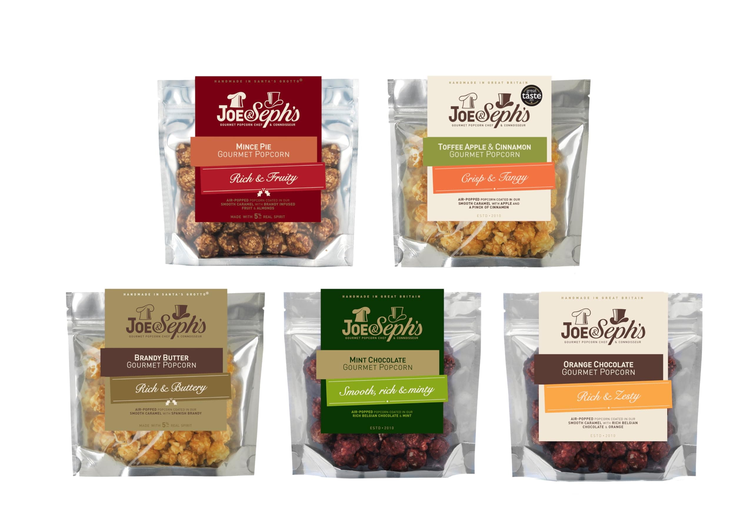 Festive Popcorn Tasting Selection (5x30g) | Mint Chocolate, Mince Pie, Brandy Butter, Toffee Apple & Cinnamon and Orange Chocolate, gourmet popcorn, festive snacks