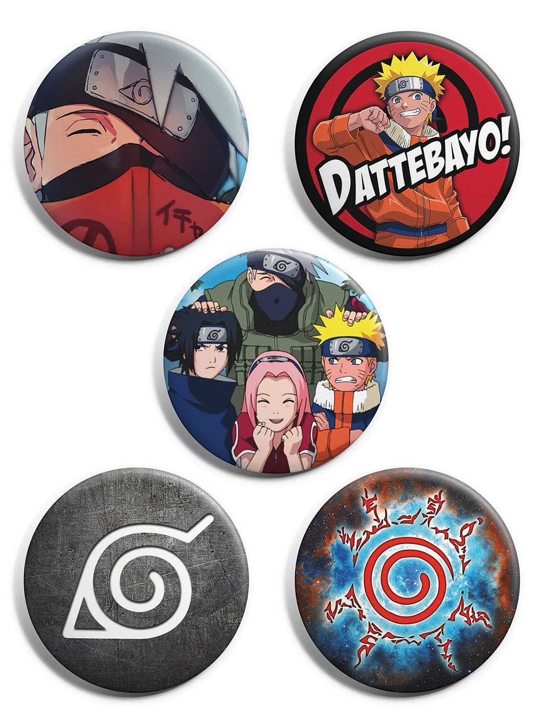 Naruto Anime Team 7, Kakashi Behind Book, DATTEBAYO, Leaf Village Symbol, 9 Tail Seal Badges - Pack of 5