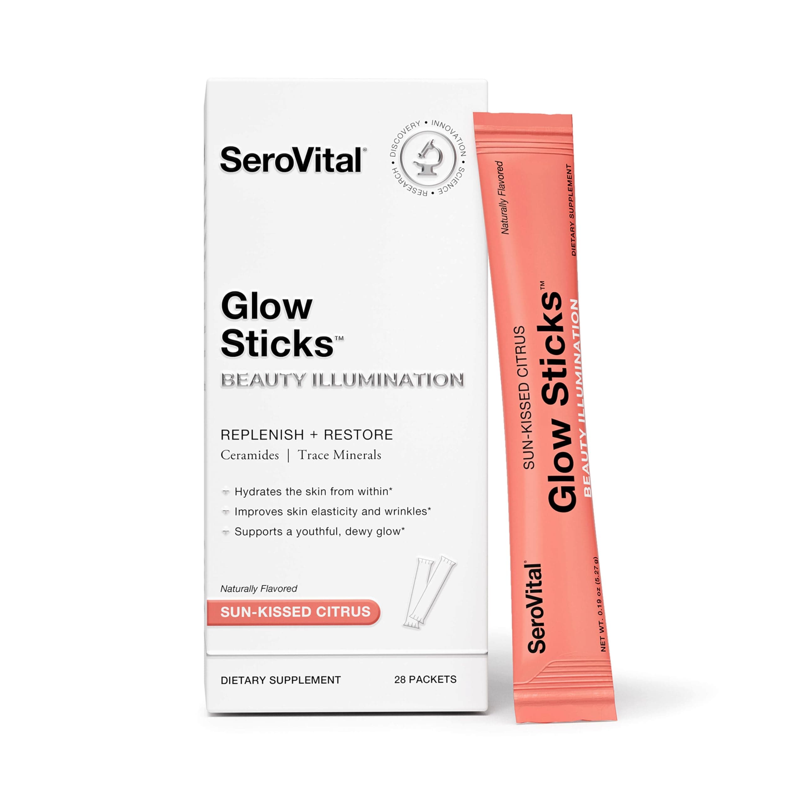 Glow Sticks Beauty Powder Improves Skin with Ceramides, Hyaluronic Acid, Electrolytes, and Vitamin C in Delicious 5-Calorie Packets* – 28 Packets, Sun-Kissed Citrus Flavor