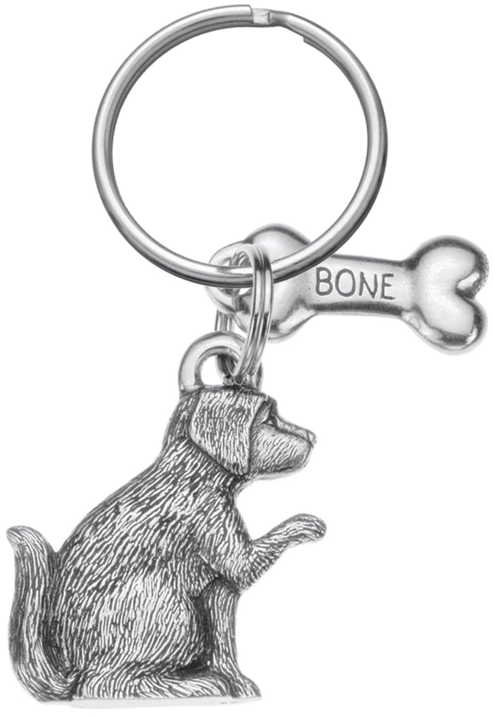 DANFORTH Pewter Dog Keychain | Made in USA | Puppy & Bone 2-Piece With Textured Details of Fur and Letters | 2 Split Rings for Dog Lovers | 1 ½” Tall and 1 ¼” Wide