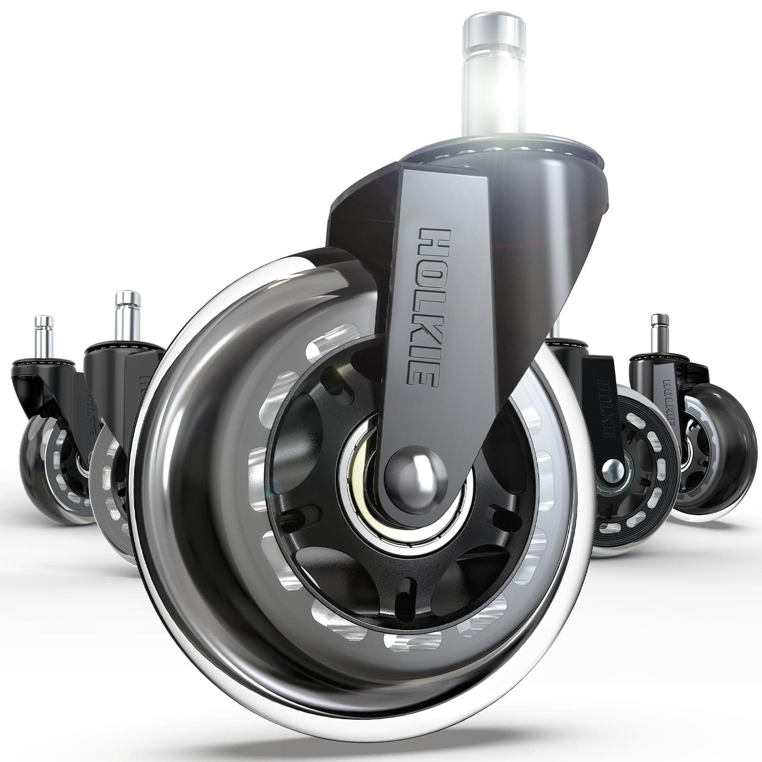 HOLKIE Office Chair Wheels - Universal Fit 3 Inch Roller Blade Casters - Safe for Hardwood Carpet Floors - Heavy Duty Rubber Replacement for Gaming Chairs - Smooth, Silent Glide - Set of 5