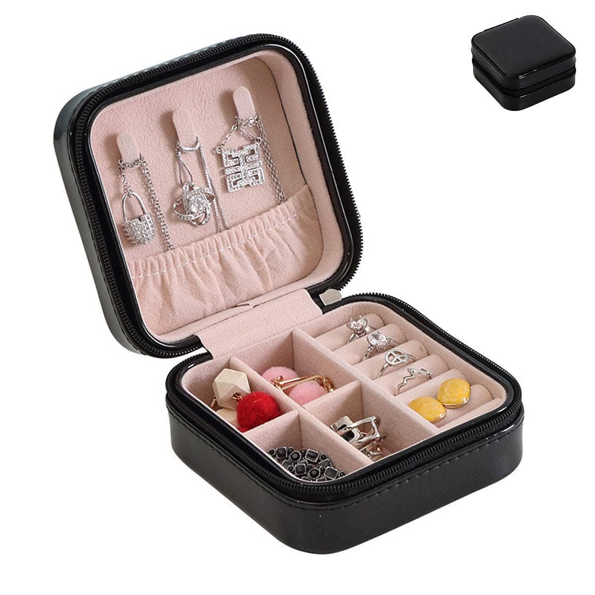 JFF Small Travel Jewelry Box Organizer Display Case for Girls Women Gift Rings Earrings Necklaces Storage,Black