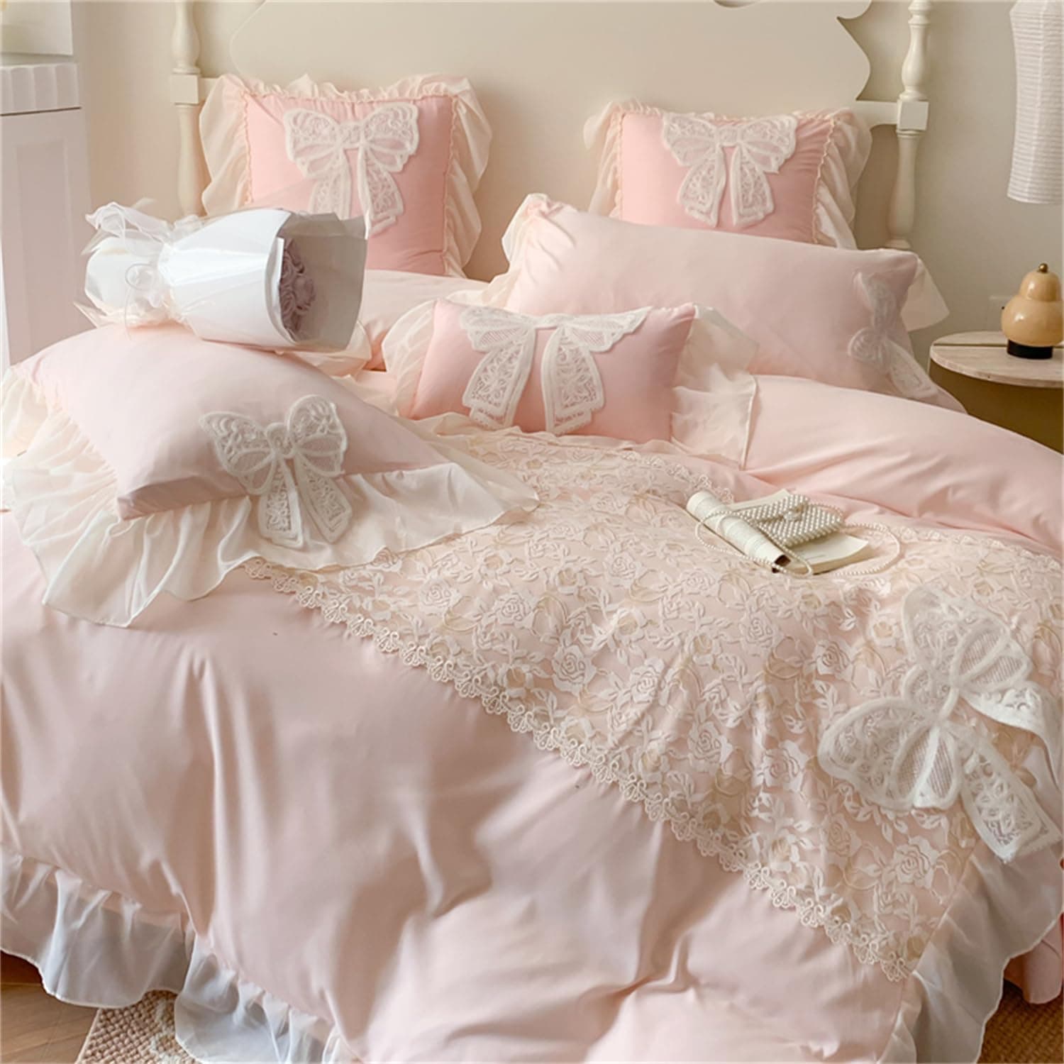 MOOWOO Chic Ruffle Lace Twin Duvet Cover Set-Bow Duvet Cover with Butterfly Tie-2 Piece Comforter Duvet Cover with Zipper Closure,Coquette Room Decor-Pink,Full Size