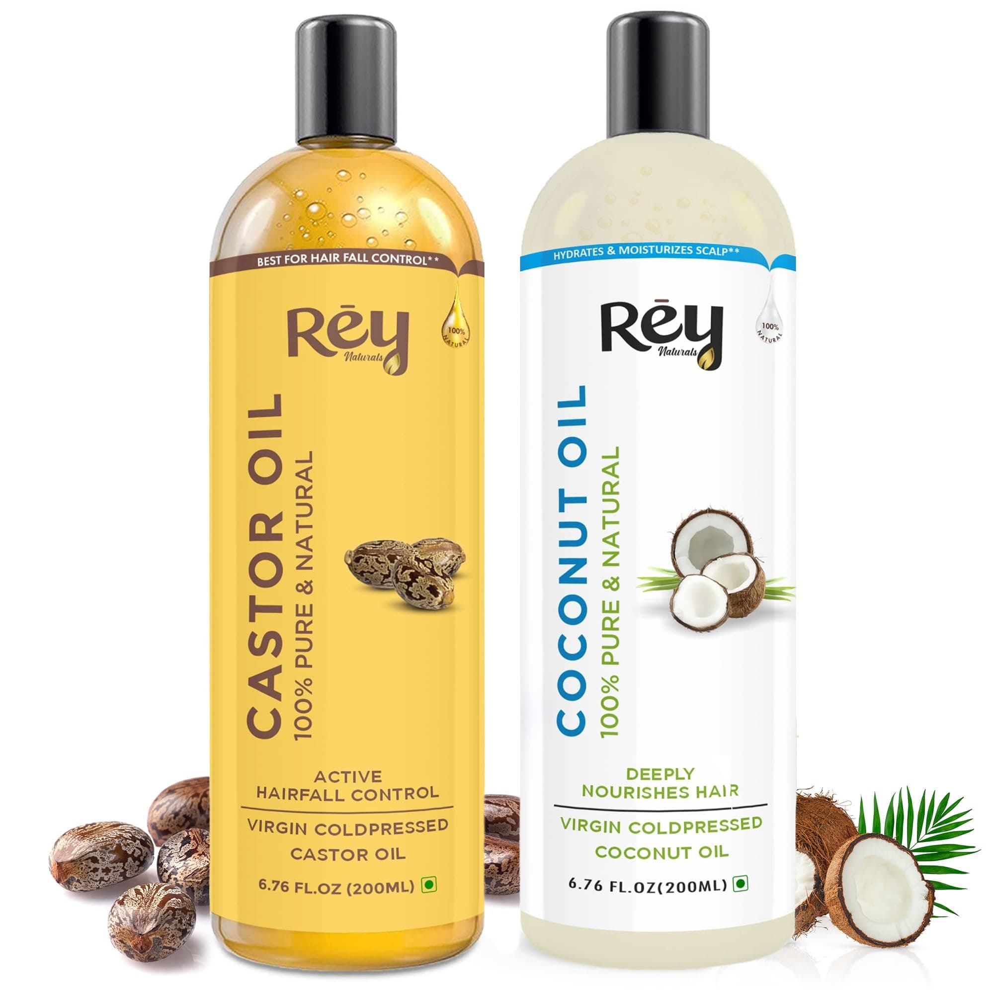 Rey Naturals Cold Pressed Castor Oil & Virgin Coconut Oil For Hair Growth - 200ml×2 | Coconut Oil For Skin Care | Castor Oil For Skin, Eyelashes & Eyebrows | Non Comedogenic Hair Oil For Hair Growth