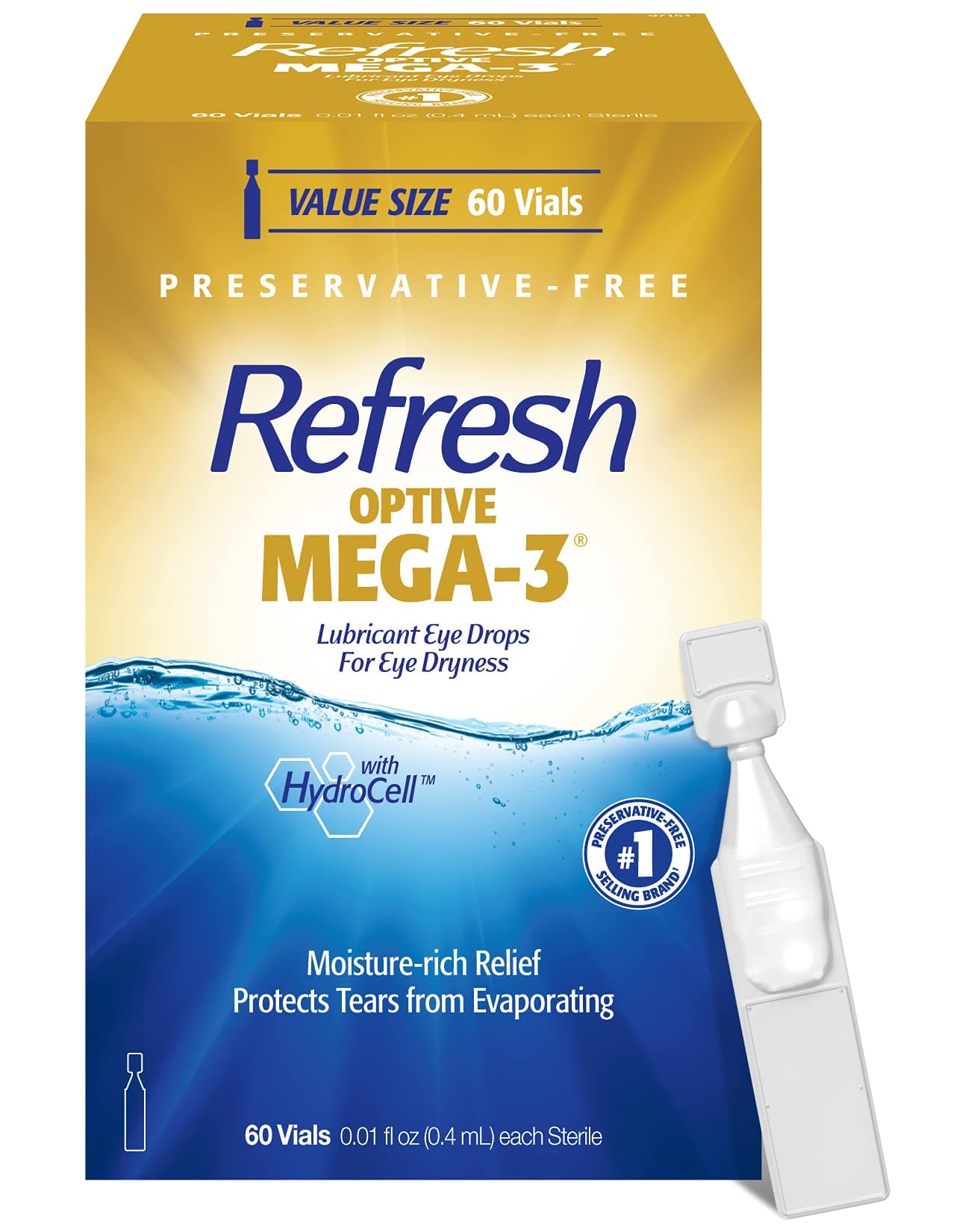 OPTIVE MEGA-3 Lubricant Eye Drops Preservative-Free Artificial Tears, 0.01 fl oz (0.4 mL), 60 Single-Use Containers