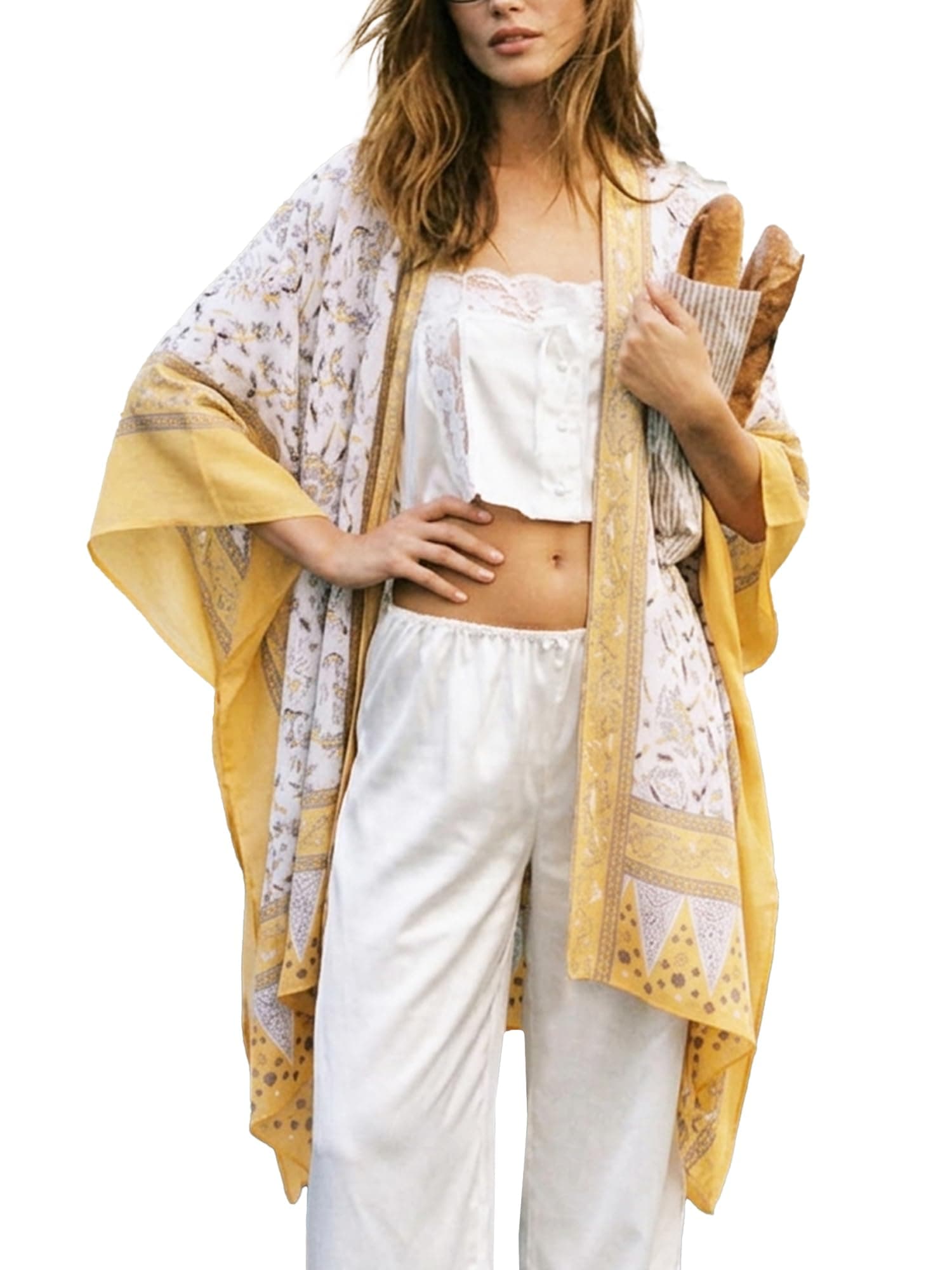 Women's Beach Cover up Swimsuit Kimono with Bohemian Floral Print, Loose Casual Resort Wear