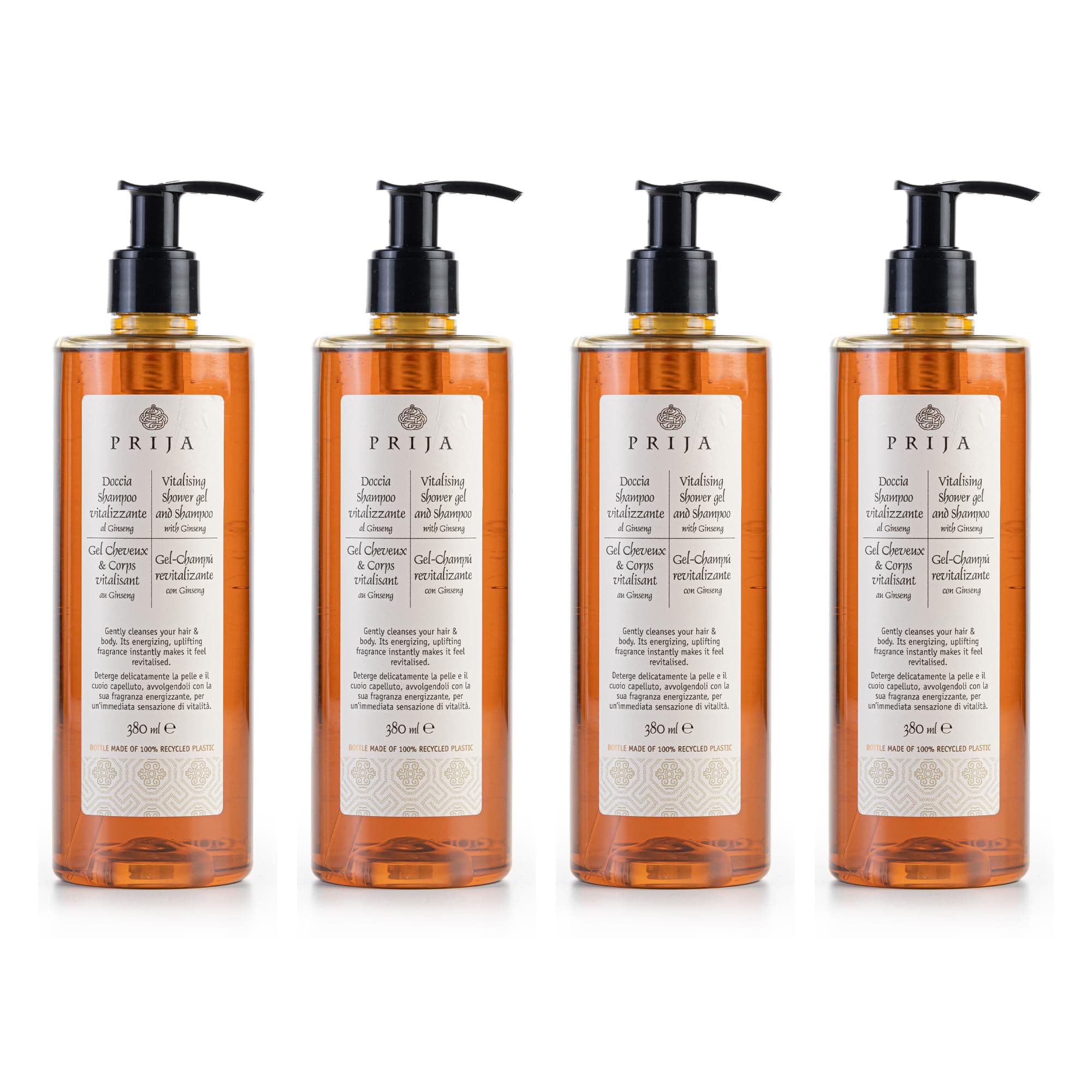 Vitalising Shower Gel and Shampoo with Ginseng Extract - 4 x 380 ml - Hydrating and Energising Body and Hair Wash Gel with Pump Dispenser