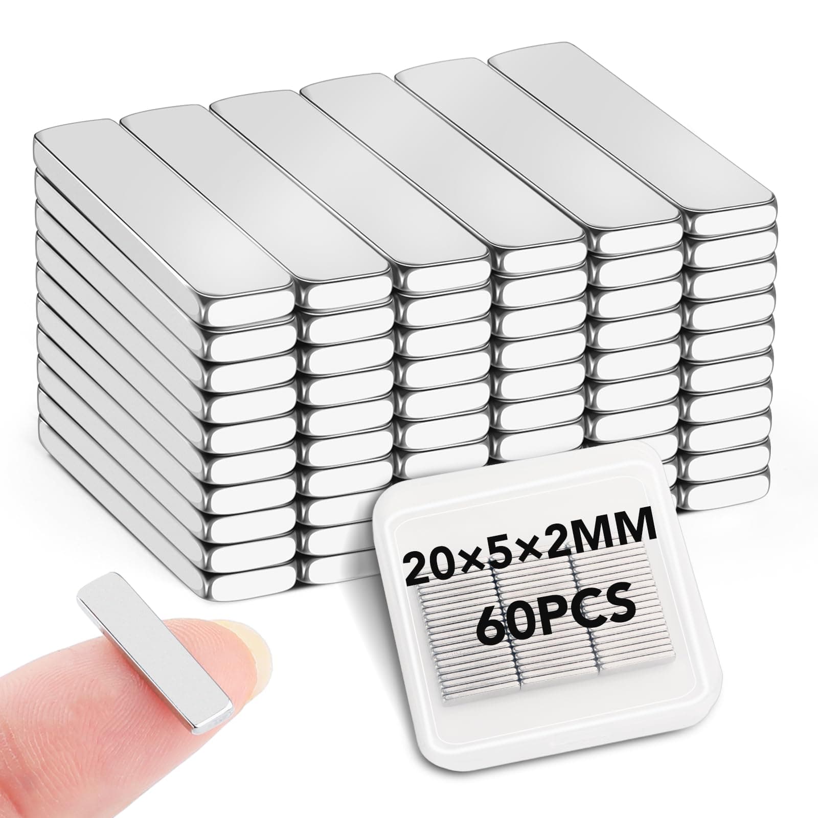 LOVIMAG Neodymium Bar Magnets, 20x5x2mm 60Pcs Small Strong Rare Earth Magnet, Strong Rectangular Magnetic Bar, Mini Powerful Magnets for Crafts, Fridge, Science, Office and Tool Storage