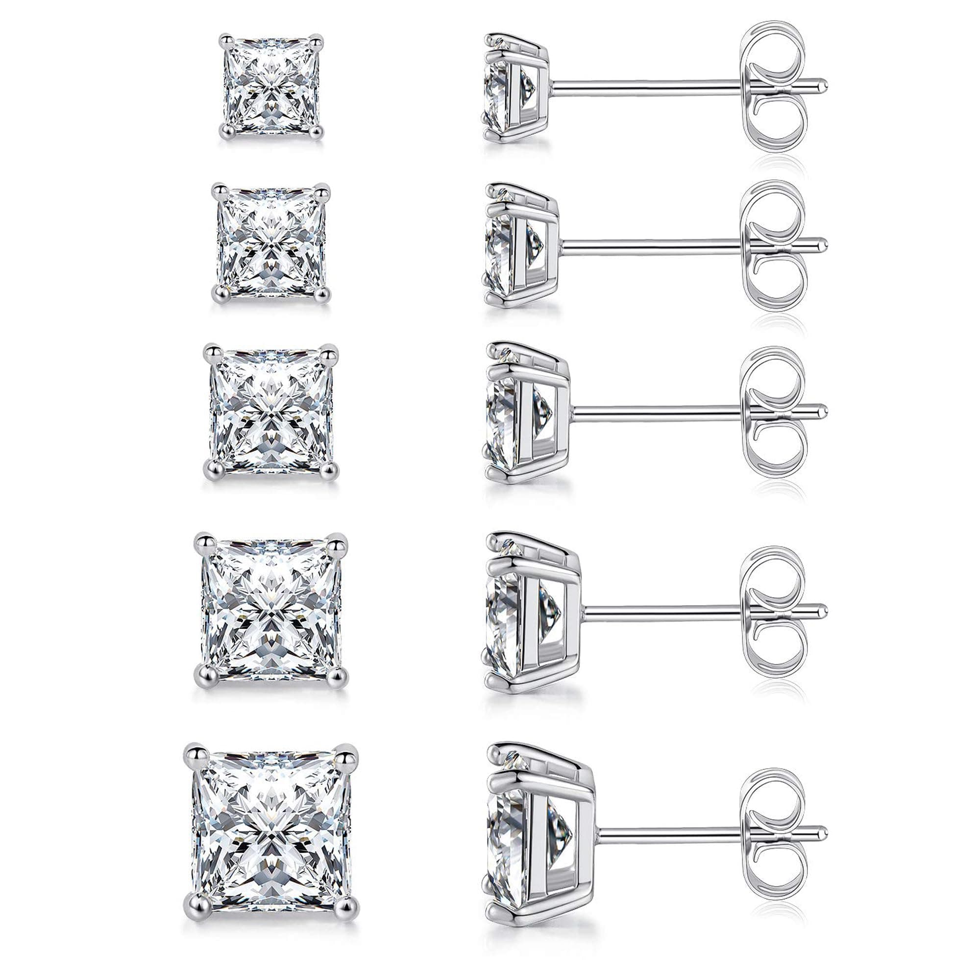 5 Pairs Square Earrings Set for Women Hypoallergenic 18K White Gold/Yellow Gold/Rose Gold Plated Princess Cut Clear Cubic Zirconia Stud Earring 3-7MM Pack of 5