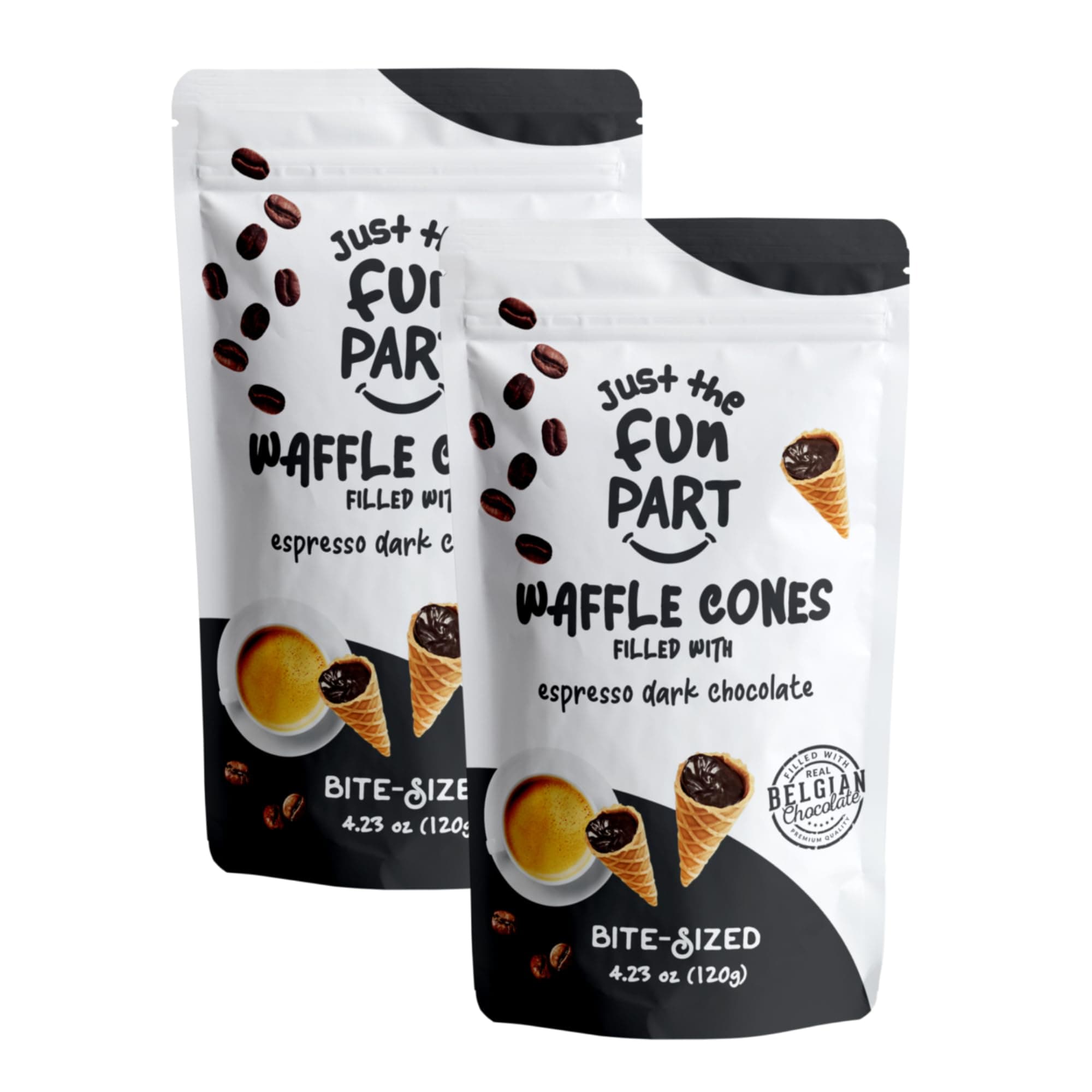 Just The Fun Part | Bite-Size Crispy Mini Waffle Cones | Filled With Premium Belgian Chocolate | Great For Snacks, Desserts, Grab & Go | Kosher | 4.23 Ounce (Pack of 2, Espresso, Dark Chocolate)