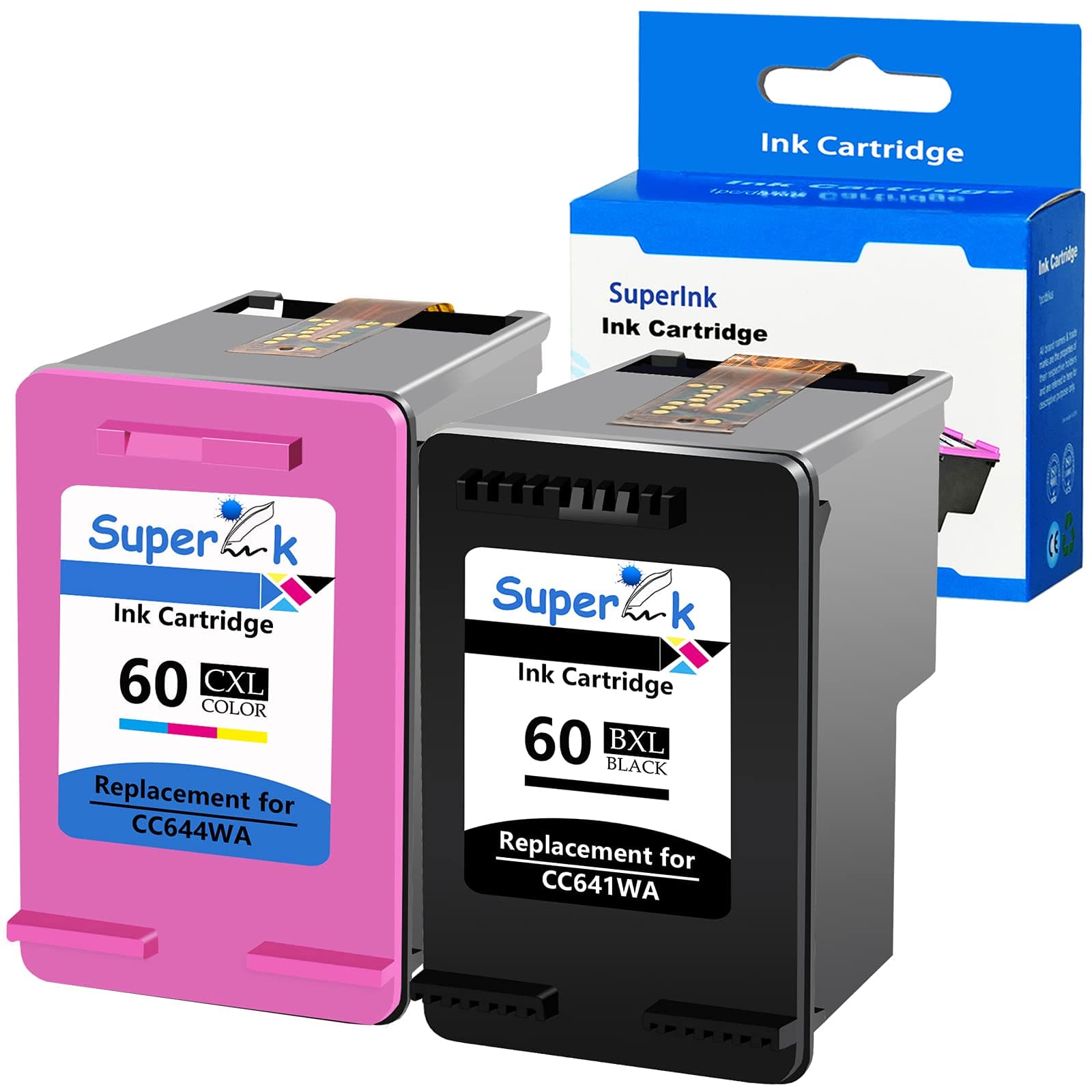 SuperInkRemanufactured Ink Cartridge Replacement for HP 60 60XL CC641WA CC644WA Compatible for Deskjet D1660 D1663 PhotoSmart C4600 C4610 Envy 100 110 All-in-One Printer (1 Black,1 Tri-Color)