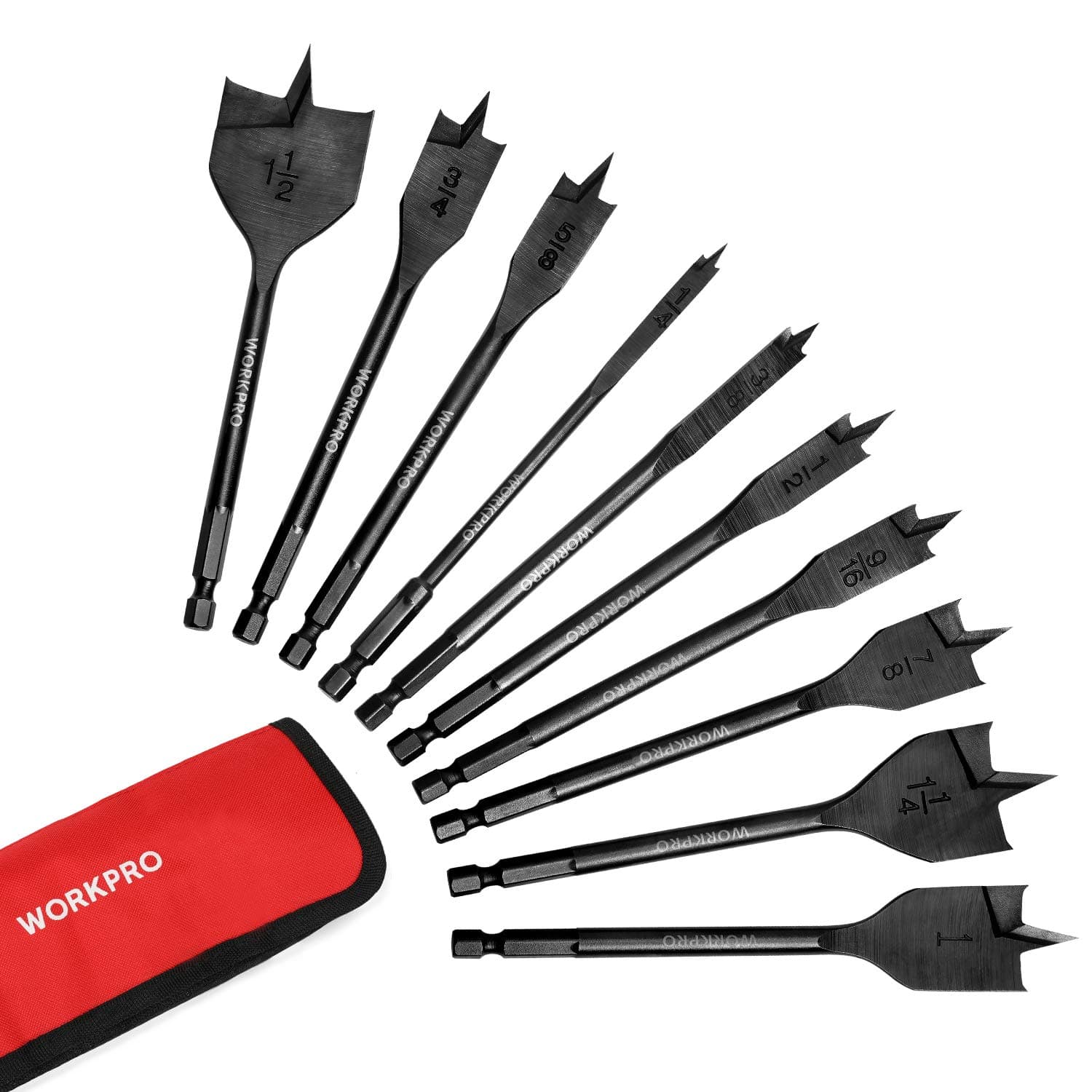WORKPRO 10-Piece Pro Spade Drill Bit Set- Black Coating, Premium Carbon Steel, Paddle Flat Bits for Woodworking, Assorted Bits 1/4"(0.64cm) to 1-1/2"(3.81cm) with Storage Case