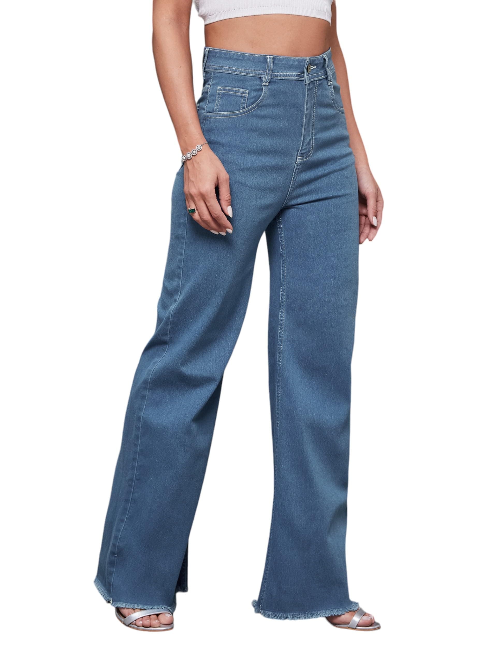 Miss Chase Women's Wide-Leg High-Rise Regular-Length Stretchable Denim Jeans