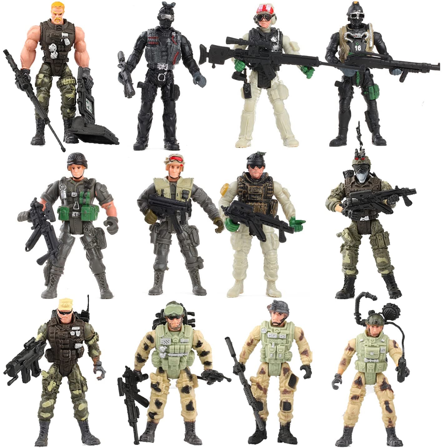 12 Pack: US Military Toy Soldiers Playset Army Men Action Figures with Realistic Weapons Gear Combat Accessories for Kids Pretend Battle Play