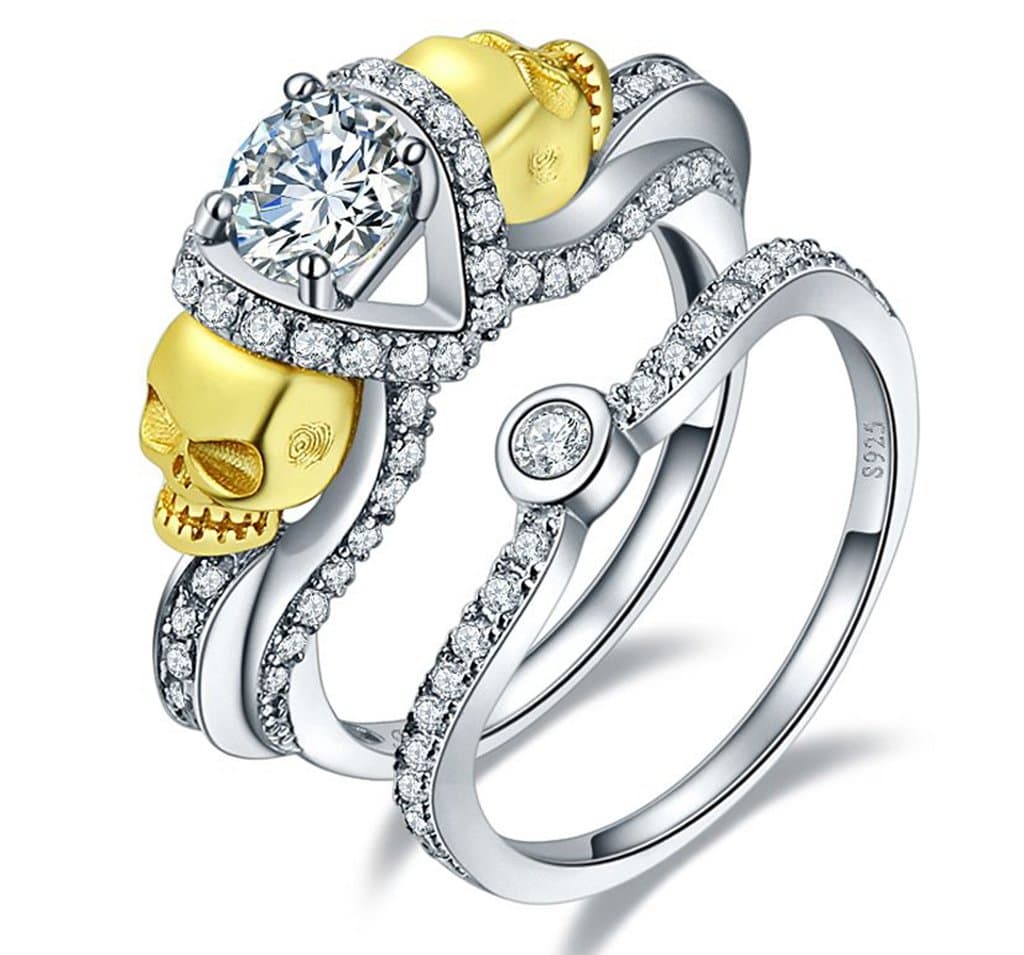 Jrose 18k Gold Skull 925 Sterling Silver Created Cubic Zirconia Anniversary Wedding Rings Set (7)