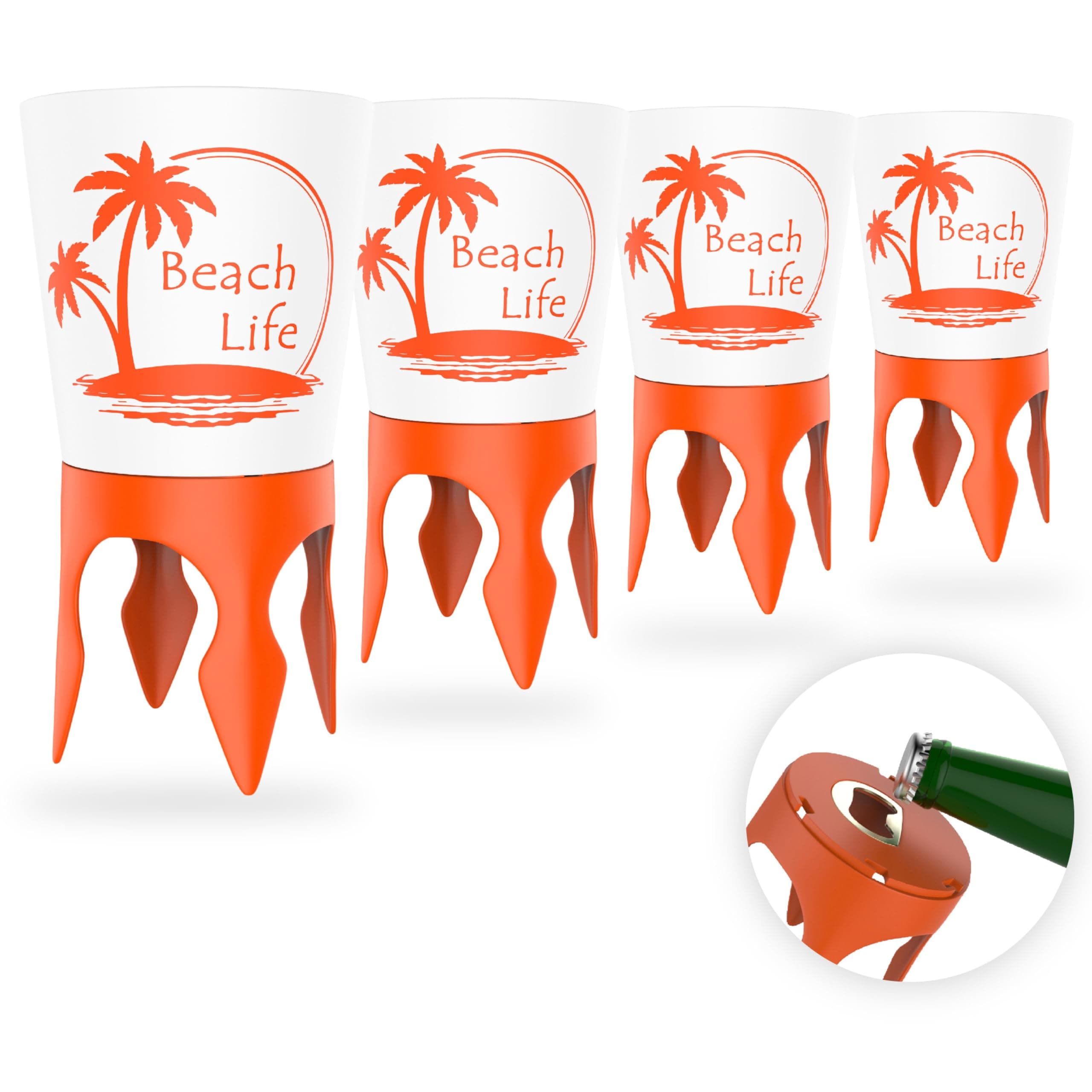 4 Beach Cup Holders, Vacation Accessories Drink Holder with Bottle Opener and Spikes, Sand Coaster Spike Cups for Women Men Adults, Beach Lover Gifts Items, Stocking Stuffers