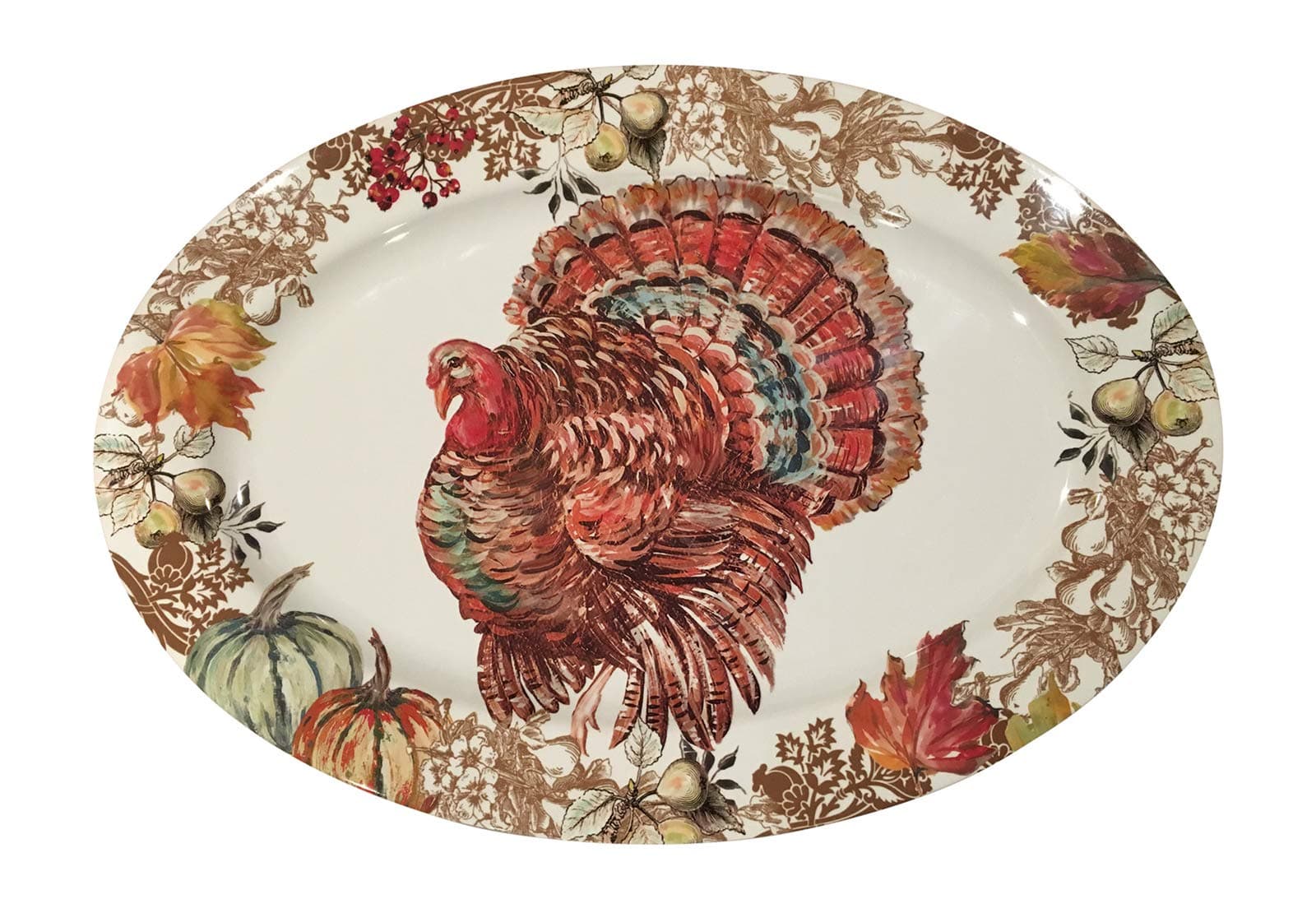 Fall Harvest Thanksgiving Turkey Heavyweight Melamine Oval Serving Platter, 20-Inch x 14-Inch
