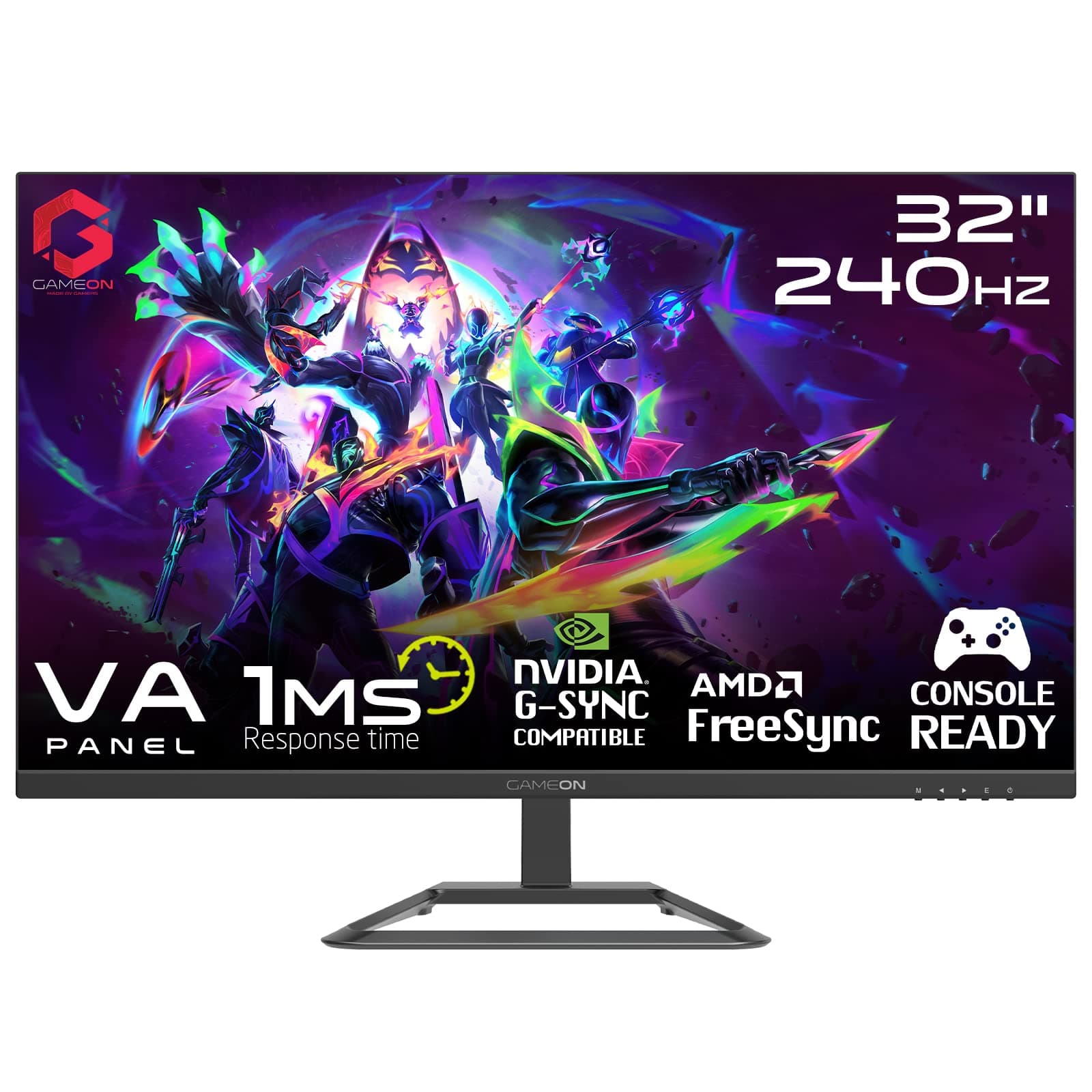 GAMEON GOP32FHD240VA Gaming Monitor, شاشه قيمنق 32 Inch, FHD, 1920x1080, 240Hz, 1ms, Flat VA Panel, Edge-lit LED, Antiglare, G-Sync & Free Sync, HDMI 2.1 Console Compatible, Black