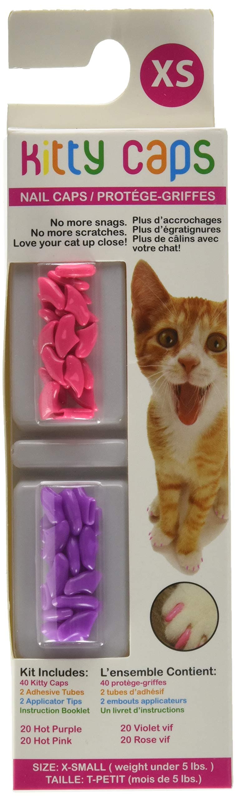 Kitty Caps Nail Caps for Cats Safe, Stylish & Humane Alternative to Declawing Covers Cat Claws, Stops Snags and Scratches, X-Small (Under 5 lbs), Hot Purple & Hot Pink (Pack of 1)