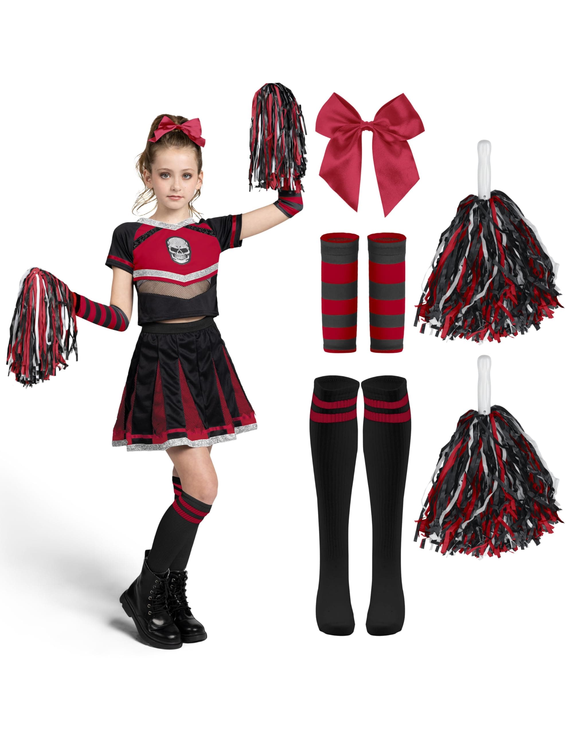 Halloween Cheerleader Costume Girls, Bad Spirit Costume for Kids, Skull Scary Outfit with Accessories