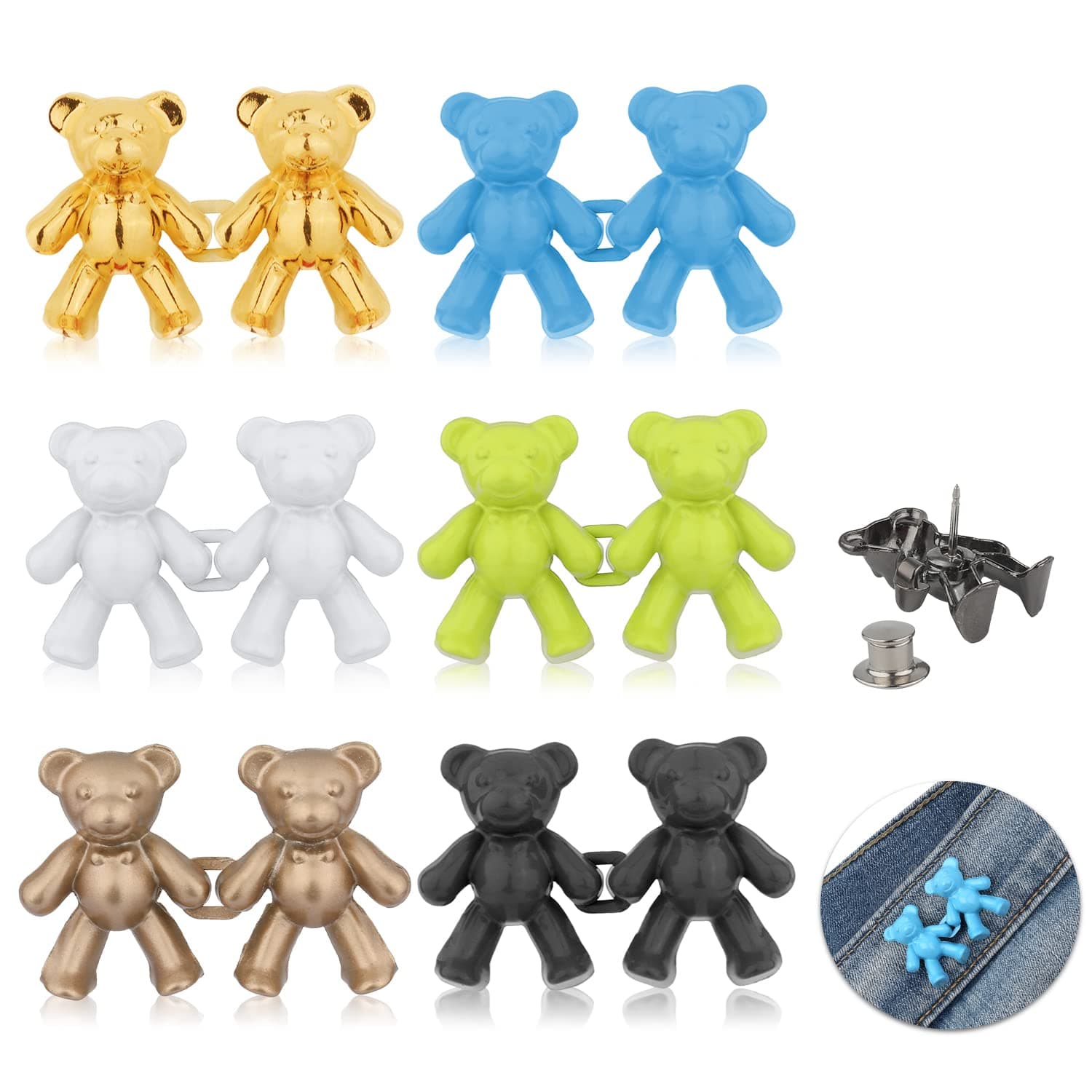 AIEX 6 Pairs Jean Buttons Pins for Loose Jeans, Cute Bear Button Jeans No Sew & Tools Detachable Pant Waist Tightener Adjustable Buckle Extender (6 Colors), Blue,Gray,Green,White (B27099)