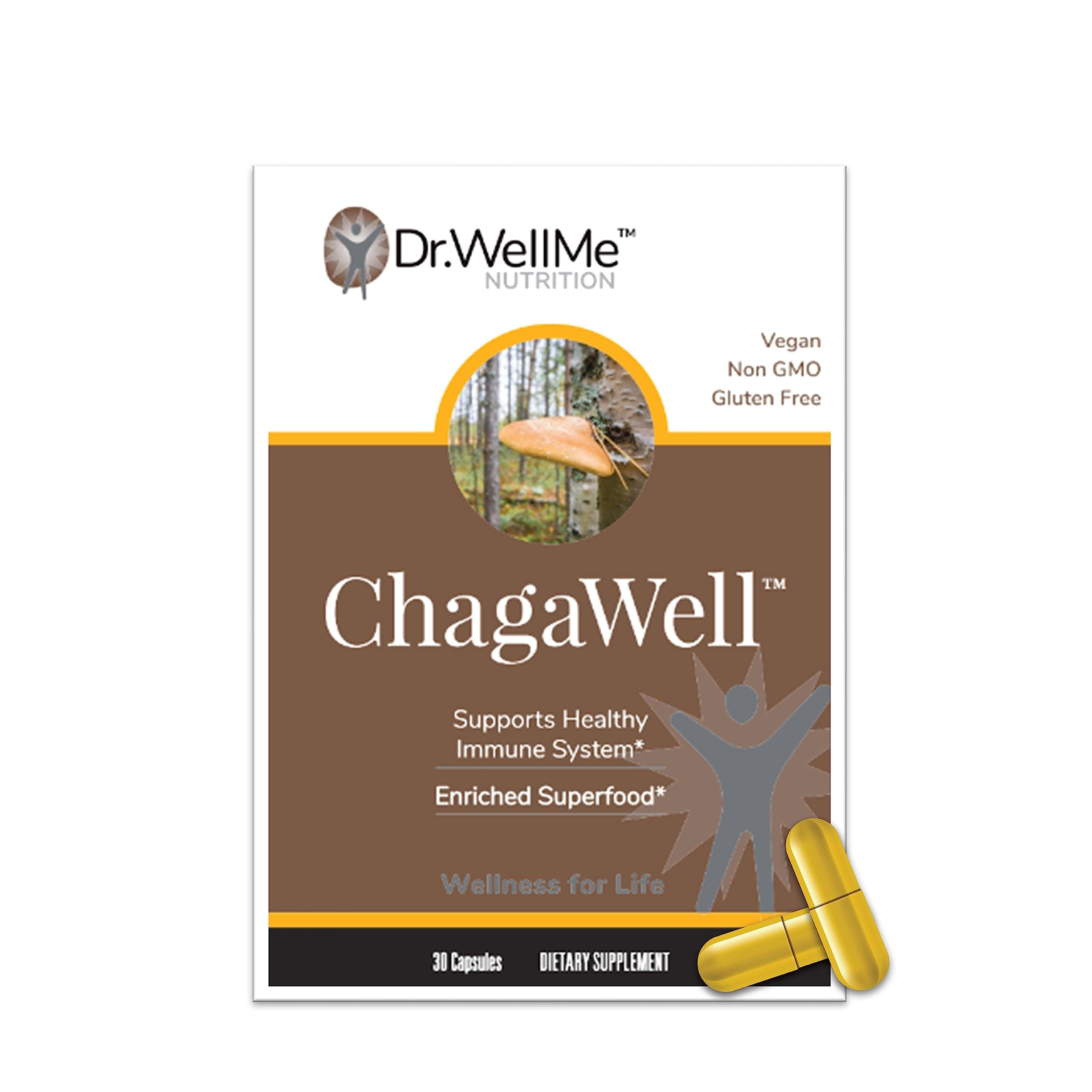 ChagaWell™ 500mg Chaga Mushroom Capsules - Focus, Mental Clarity, Immune Booster for Men and Women, Non-GMO & Gluten Free Supplement (30 Vegan Capsules)
