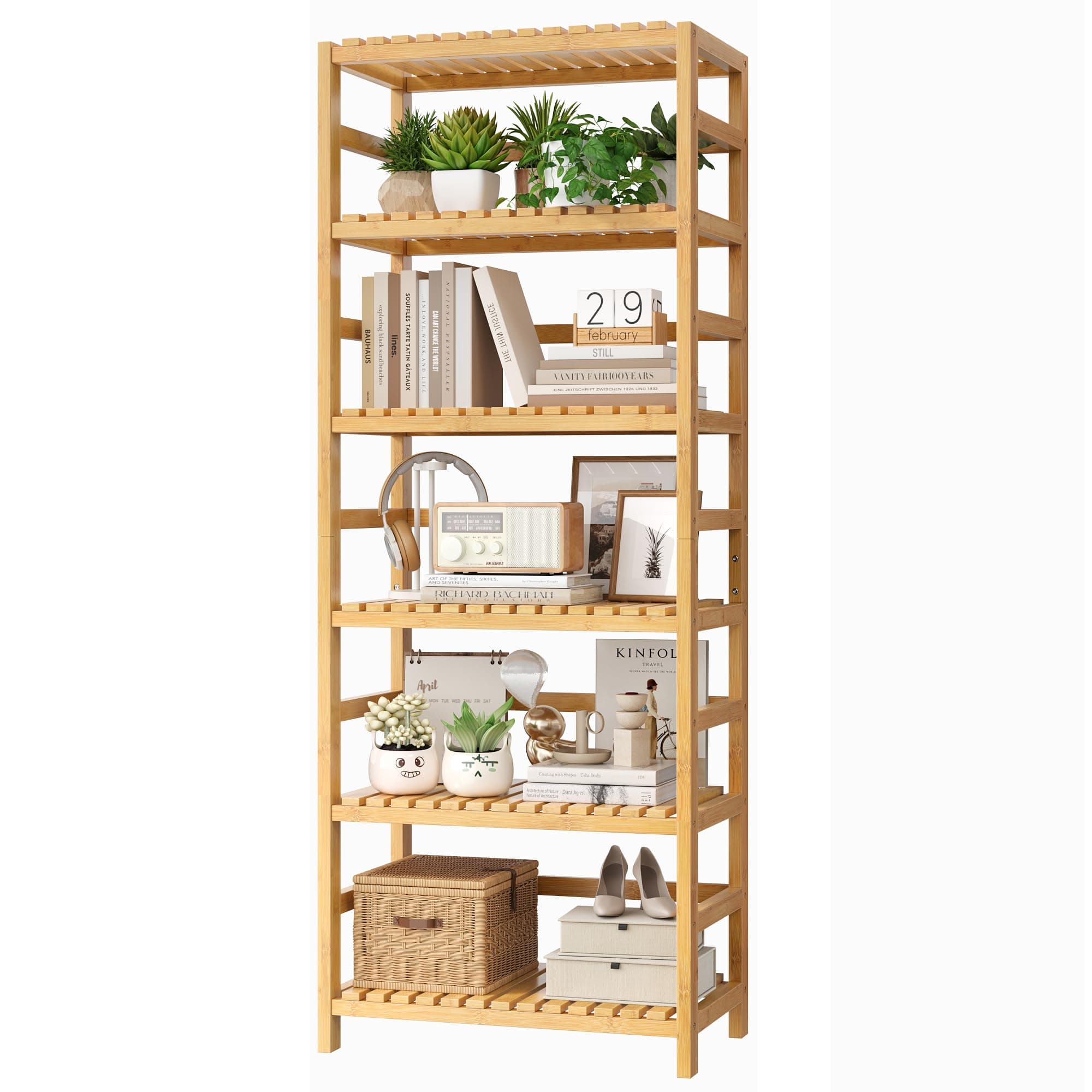FOTOSOK 6-Tier Bamboo Shelf, Bamboo Bookcase with Adjustable Shelves, Free Standing Storage Shelf Unit, Plant Flower Stand for Kitchen, Bathroom, Home Office, Natural