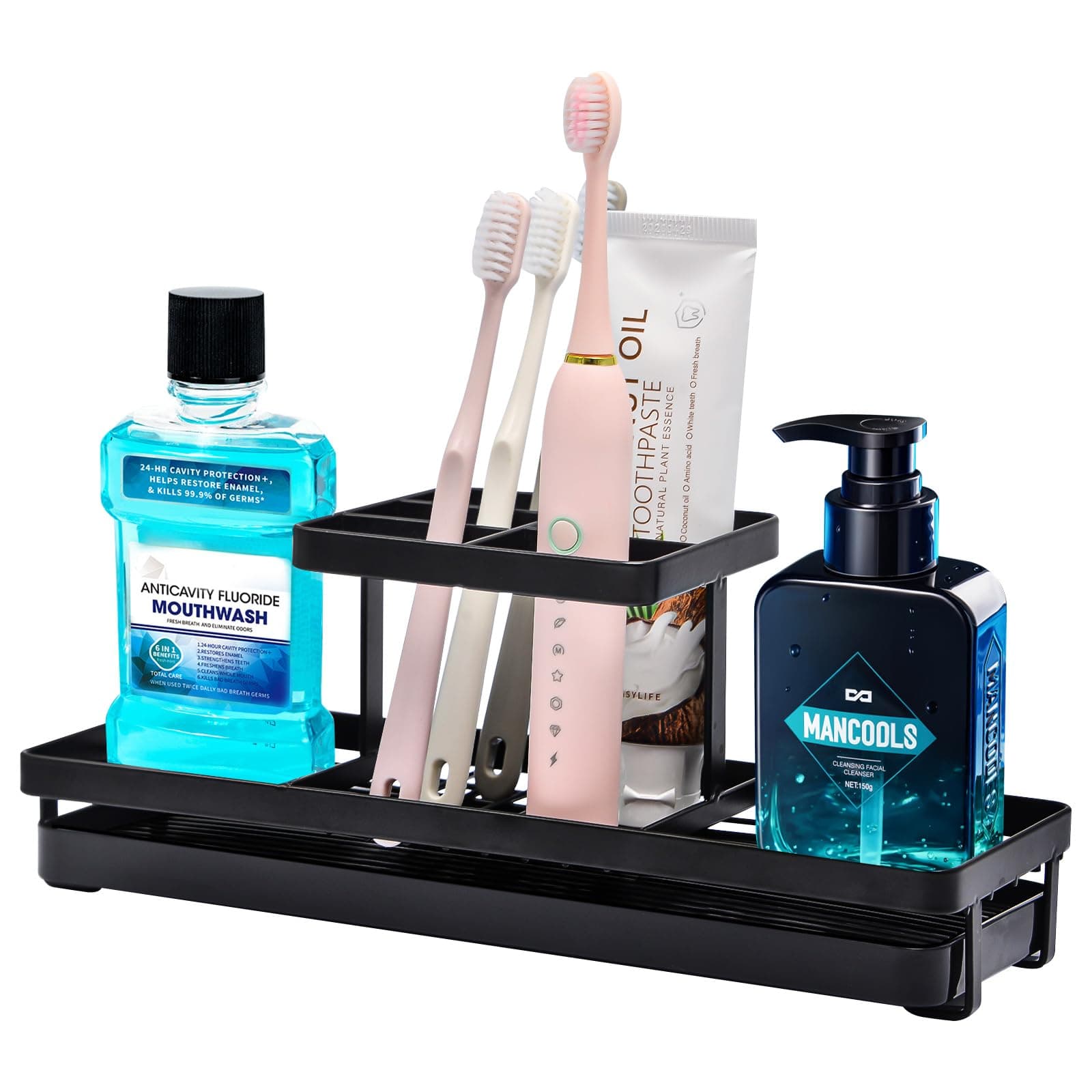 Toothbrush Holders for Bathrooms, 5 Slots Tooth Brushing Holder with Drainage, Carbon Steel Material, Electric Toothbrush Holder Toothpaste Holder for Countertop Shower Sink-Black