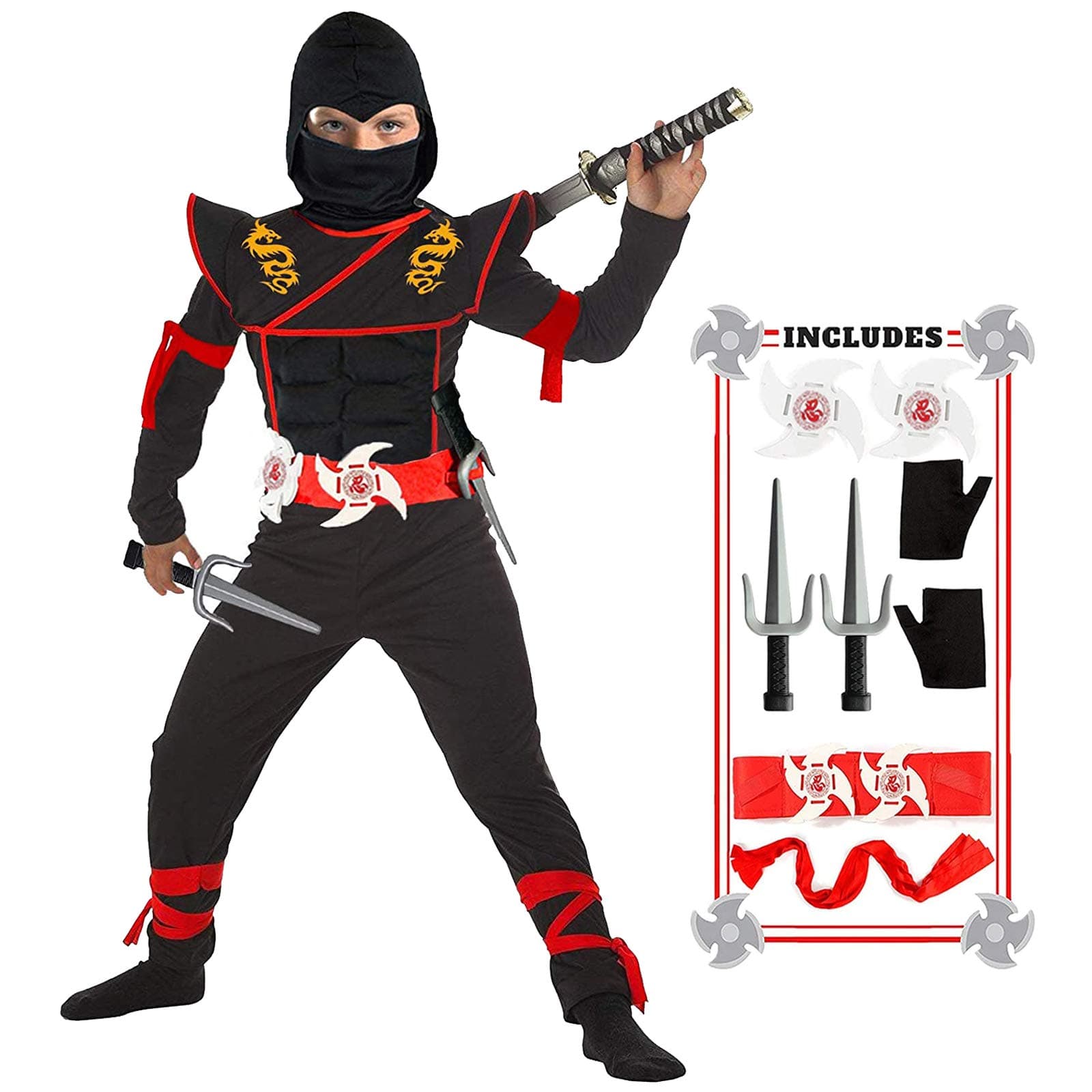 Ninja Costume for Boys, Halloween Deluxe Costume With Ninja Foam Accessories Toys Set for Kids