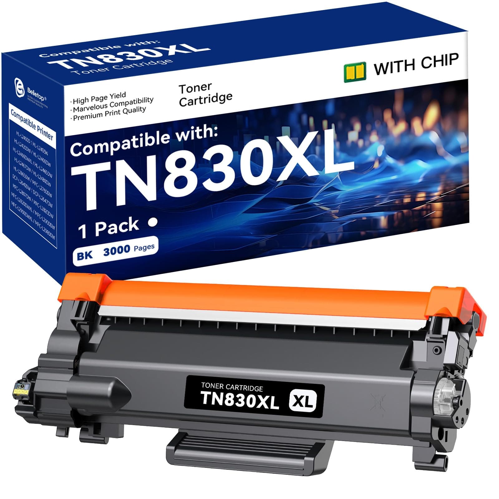 TN830XL Toner Cartridge High Yield Replacement for Brother TN830 TN-830 TN830 XL TN-830XL use with HL-L2460DW HL-L2405W HL-L2400D HL-L2460DWXL HL-L2865DW (1 Black)