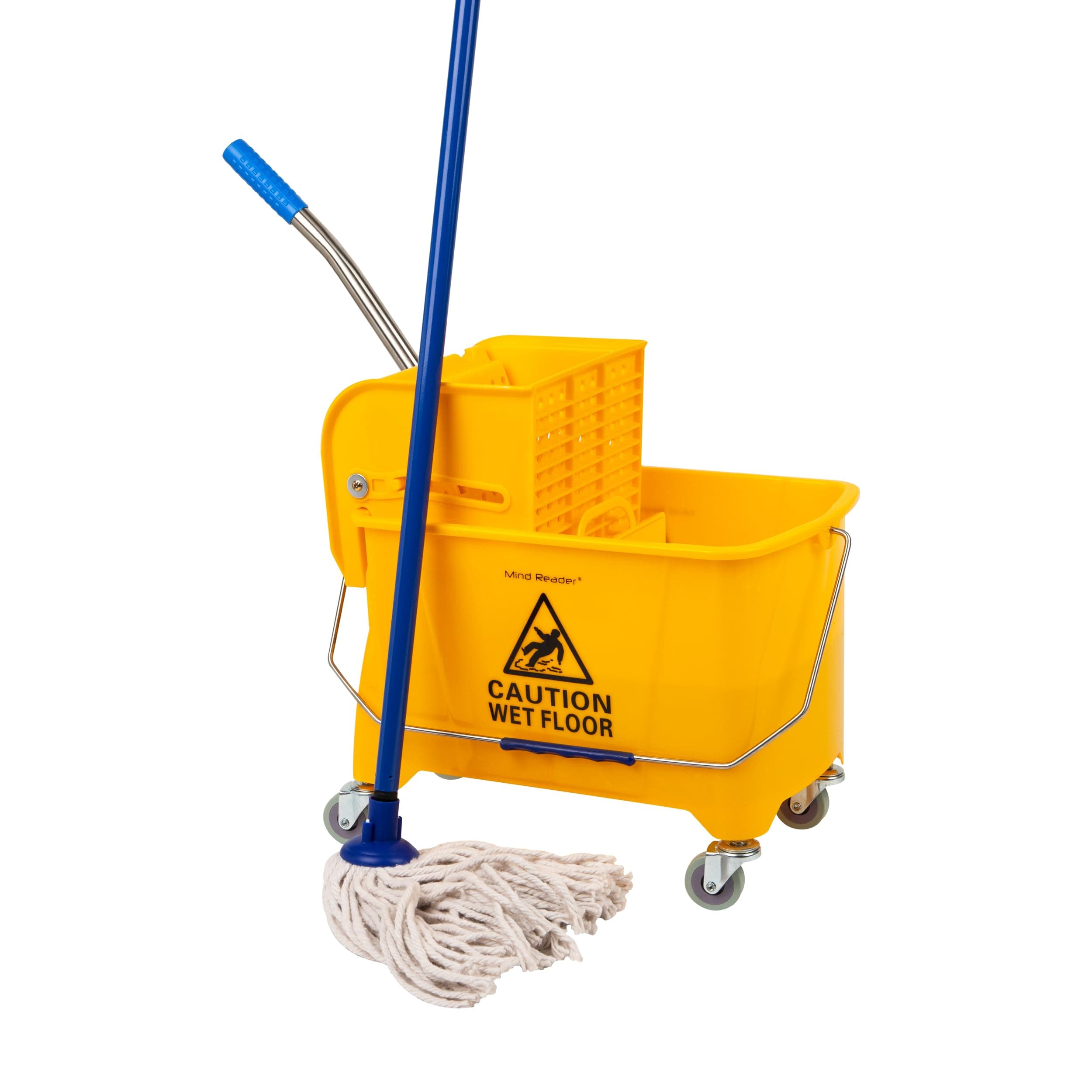 Mind Reader Mop Bucket with Squeezer, 22 Quart (5.5 Gallon), Floor Cleaner, Handle, Wheel, 16.25"L x 10.75"W x 24.5"H Yellow