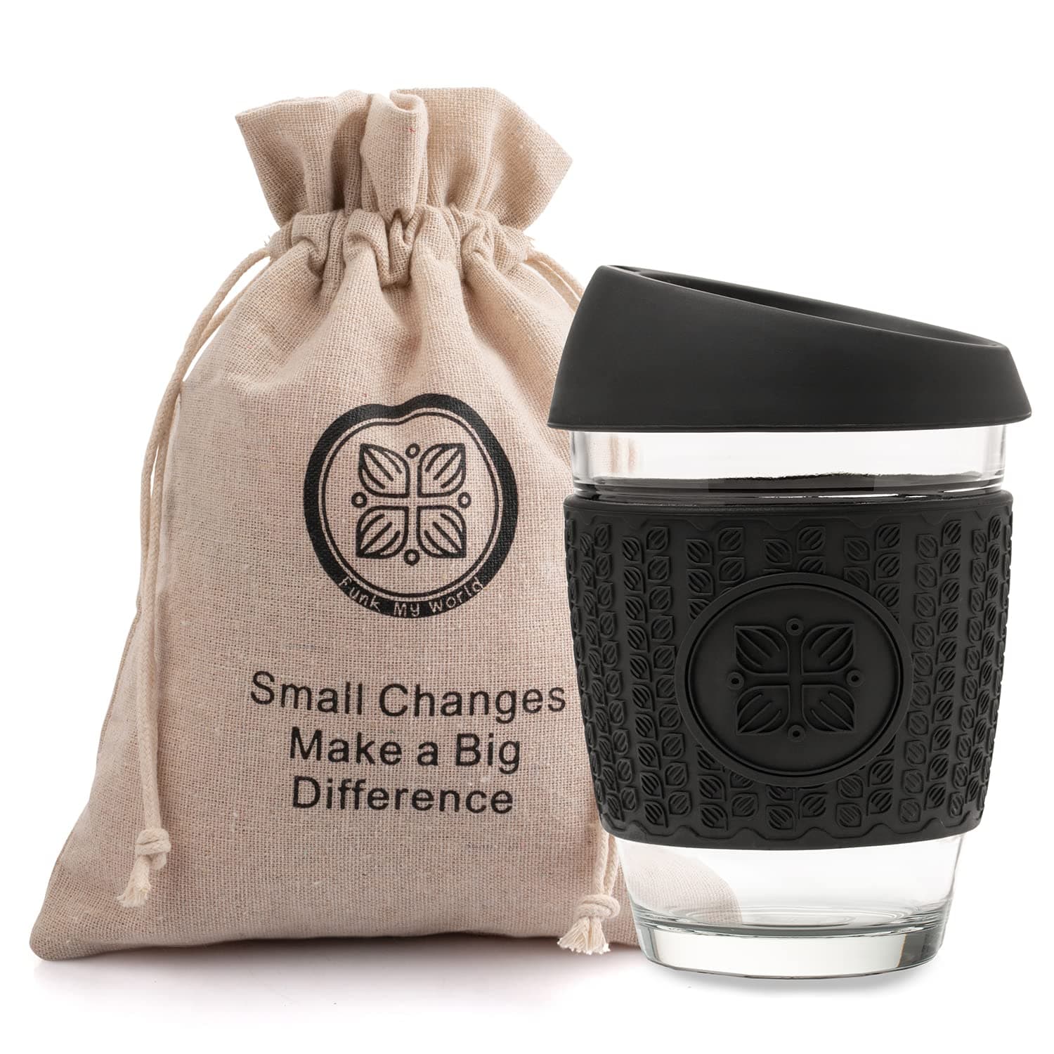 Reusable Coffee Cup, Thickened Silicone Thermal Sleeve. 12oz Glass Travel Mug Eco Friendly (Black)