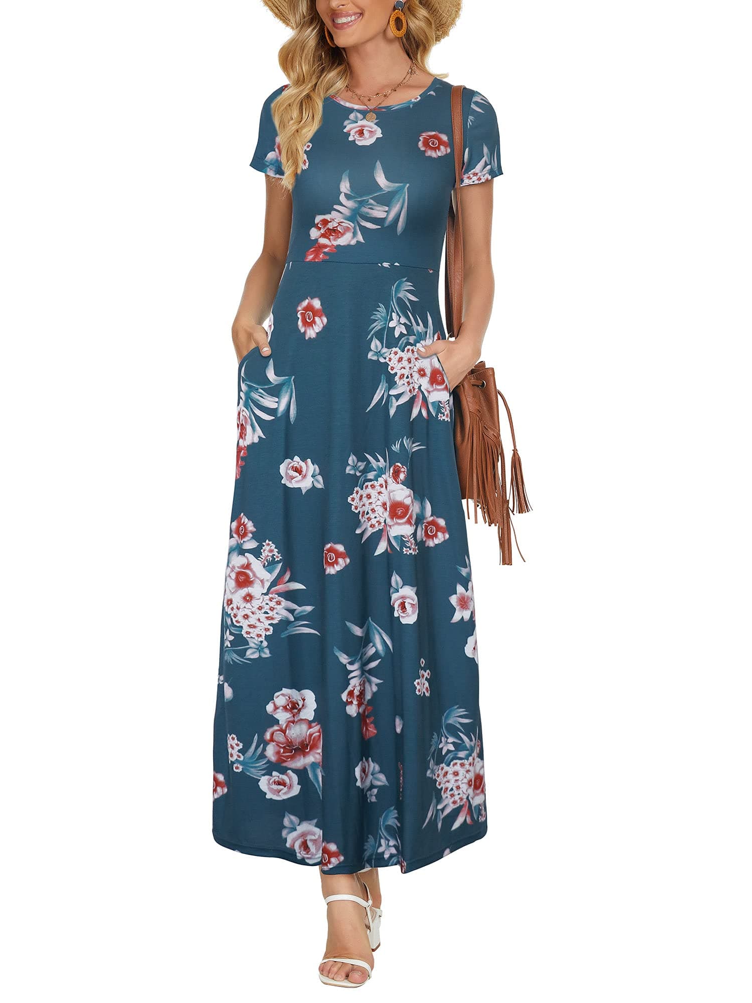 ZABERRY Women's Short Sleeve Round Neck Casual Summer Flowy Maxi Dresses with Pockets