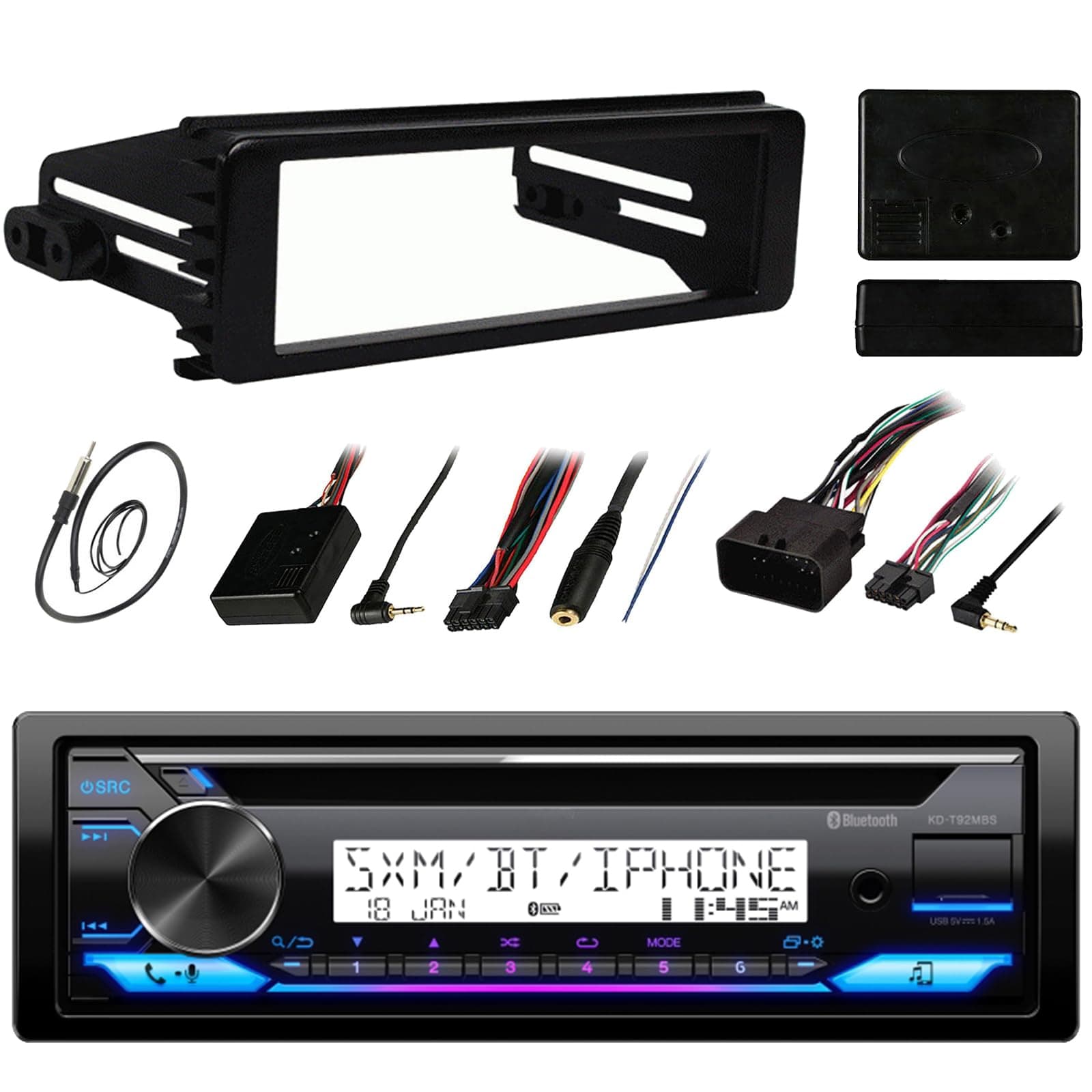 Single DIN Marine Bluetooth USB AUX AM/FM Stereo CD Player Receiver, Antenna, Stereo Install Kit, Handlebar Control Kit (Select '98-'13 HD Motorcycles)