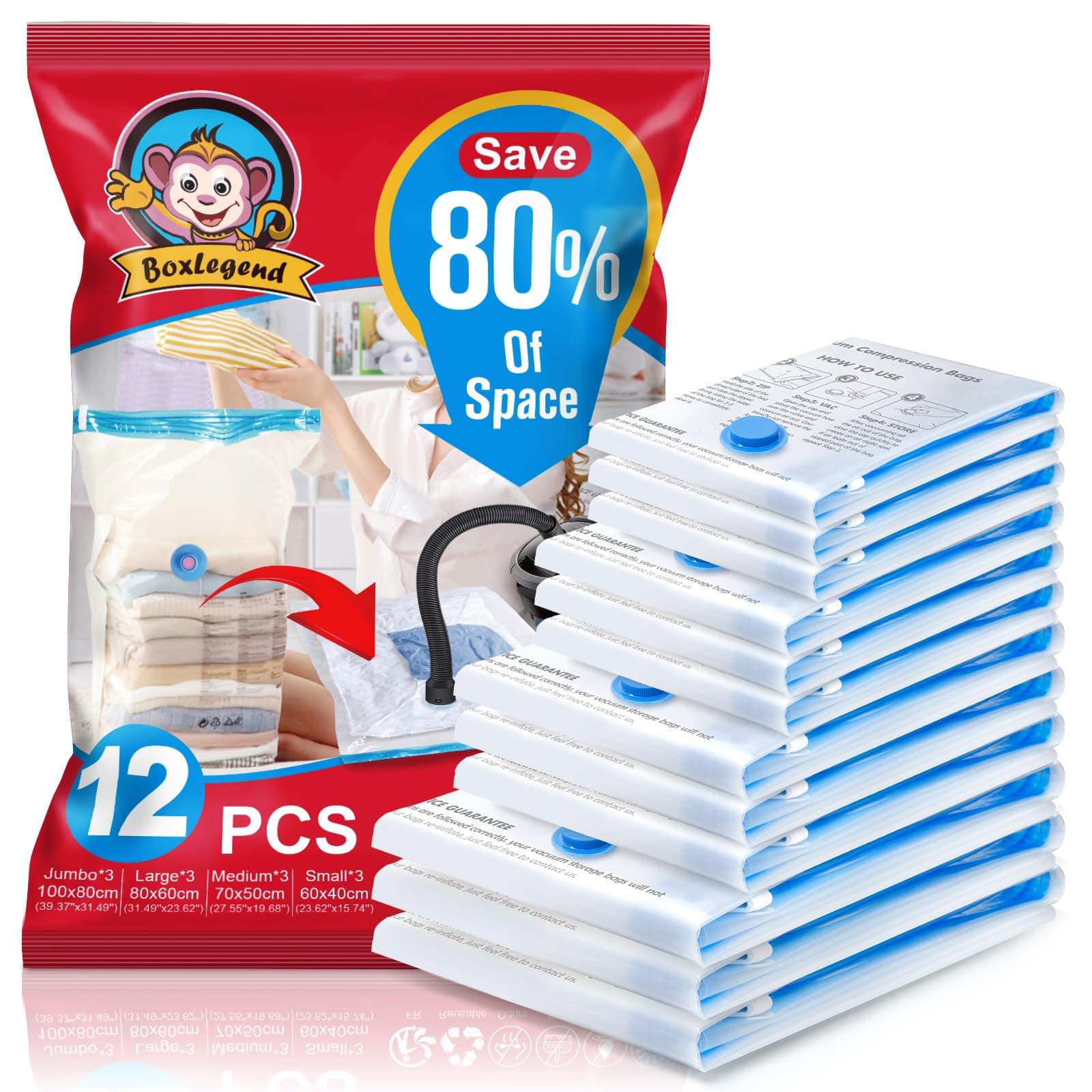 BoxLegend Vacuum Storage Bags Space Saving Bags 12 Pack Thicker Type 80 Microns 3XL+3L+3M+3S Vacuum Bags Double Zip Seal & Leak Valve Reusable for Clothes Comforter Bedding Pillow