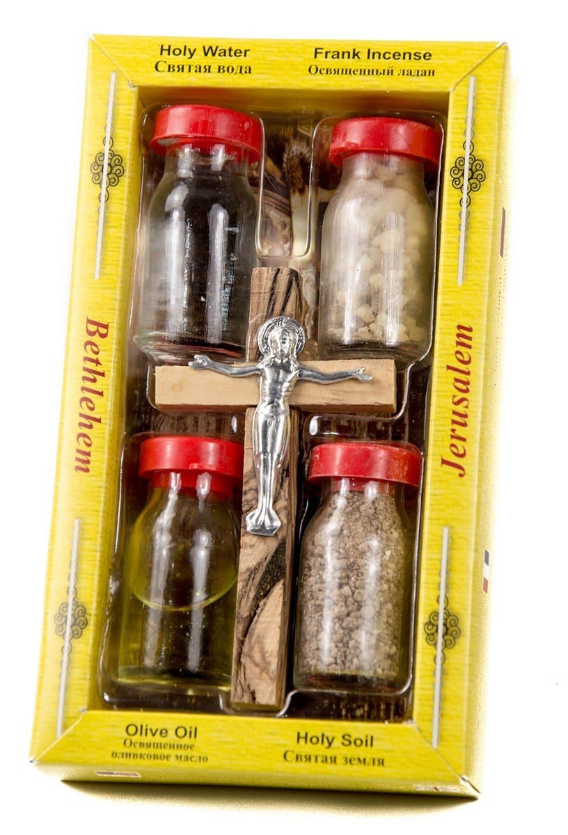 Nazareth Store BLESSED HOLY WATER, SOIL, OIL, INSENSE WITH JESUS CROSS Crucifix HOLY LAND Wall Cross