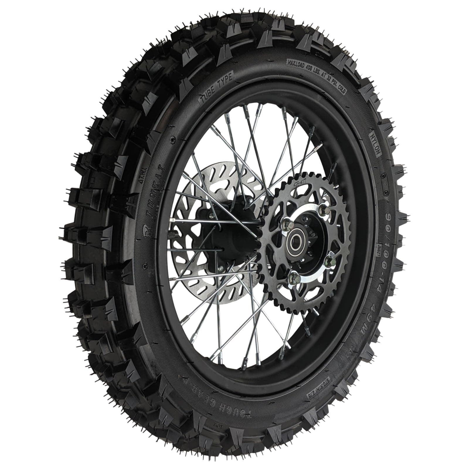 14 Inch Rear Tyre Set for Dirt Pit Bike Trail 125/150cc 90/100-14 Tyre Rear Wheel for 125/140/150/160cc Pit Dirt Bike KLX65 Apollo Including Brake Rotor and Sprocket