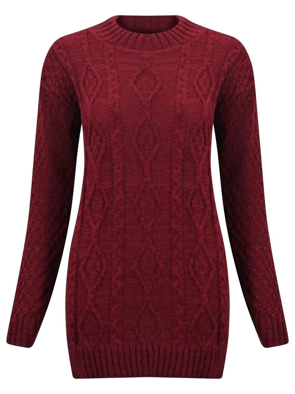 (M) WOMENS LONG SLEEVE CHUNKY DIAMOND CABLE KNITTED LADIES JUMPER SWEATER KNIT TOP | WINE - Chunky cable knit LONG jumper | SM 8/10