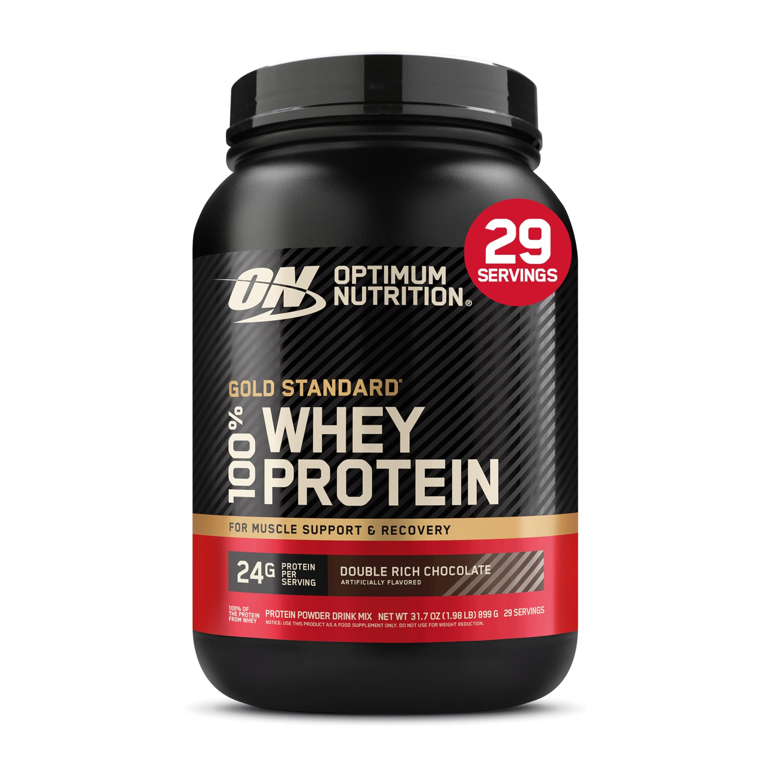 Optimum Nutrition (ON) Gold Standard 100% Whey 907 g, (Double Rich Chocolate) Protein Powder for Muscle Support & Recovery, Vegetarian - Primary Source Whey Isolate
