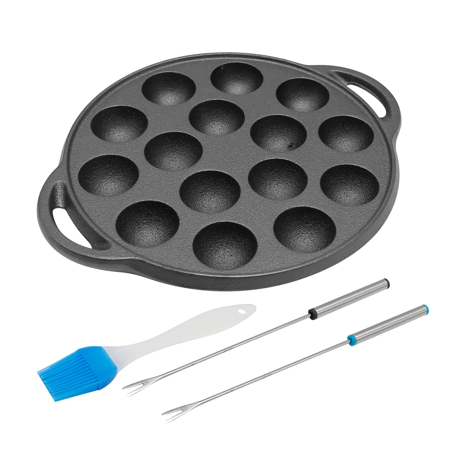 VIKKSAERCast Iron Takoyaki Pan, 15 Hole Nonstick Grill Pan,1.5'' Half Sphere Maker,Round Cooking Plate with Grease Brush & Fork
