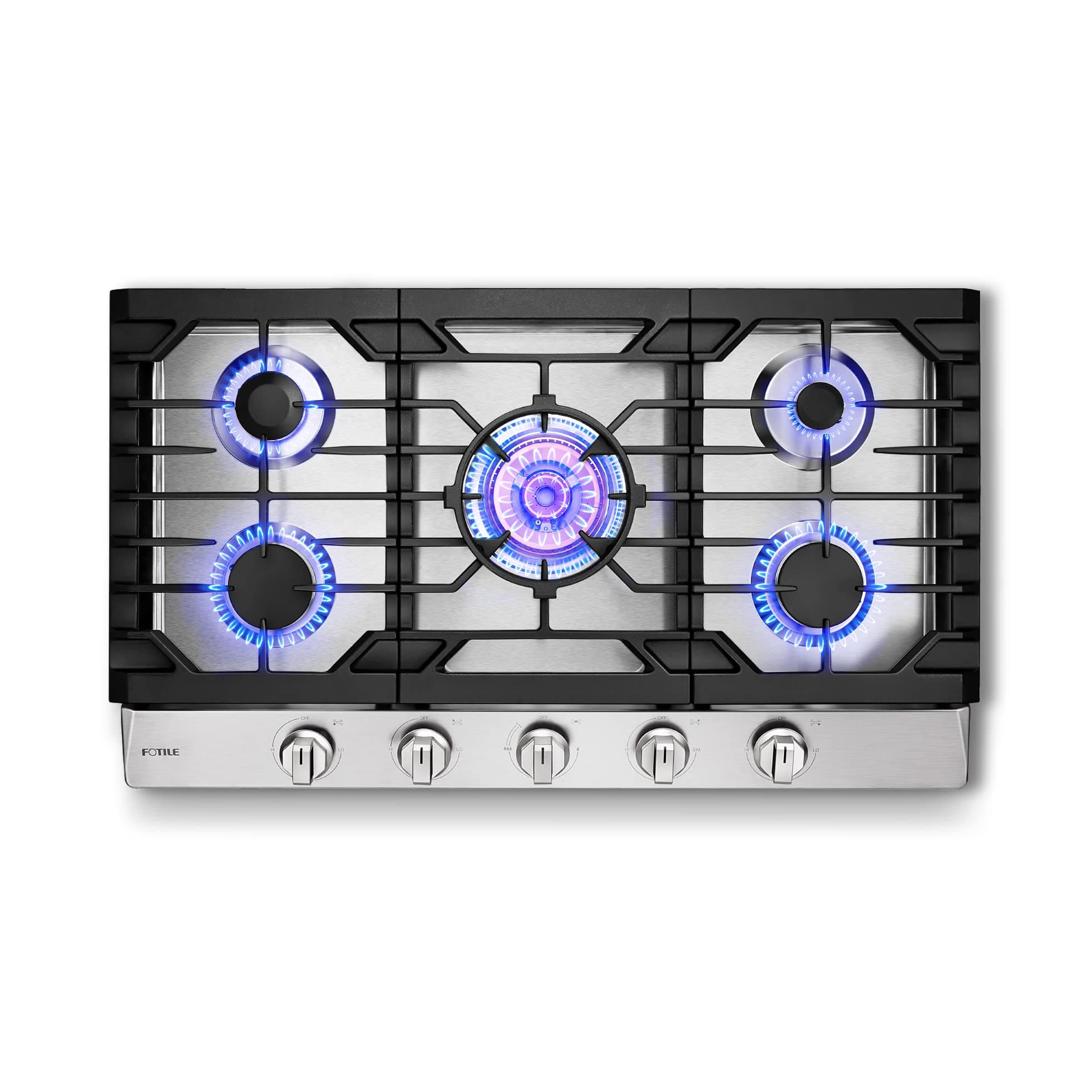 GLS36502 36” Stainless Steel 5-Burner Gas Cooktop, Tri-Ring 22,000 BTUs Center Burner with Flame Failure Protection Removable Grates and Installation/LP Kit