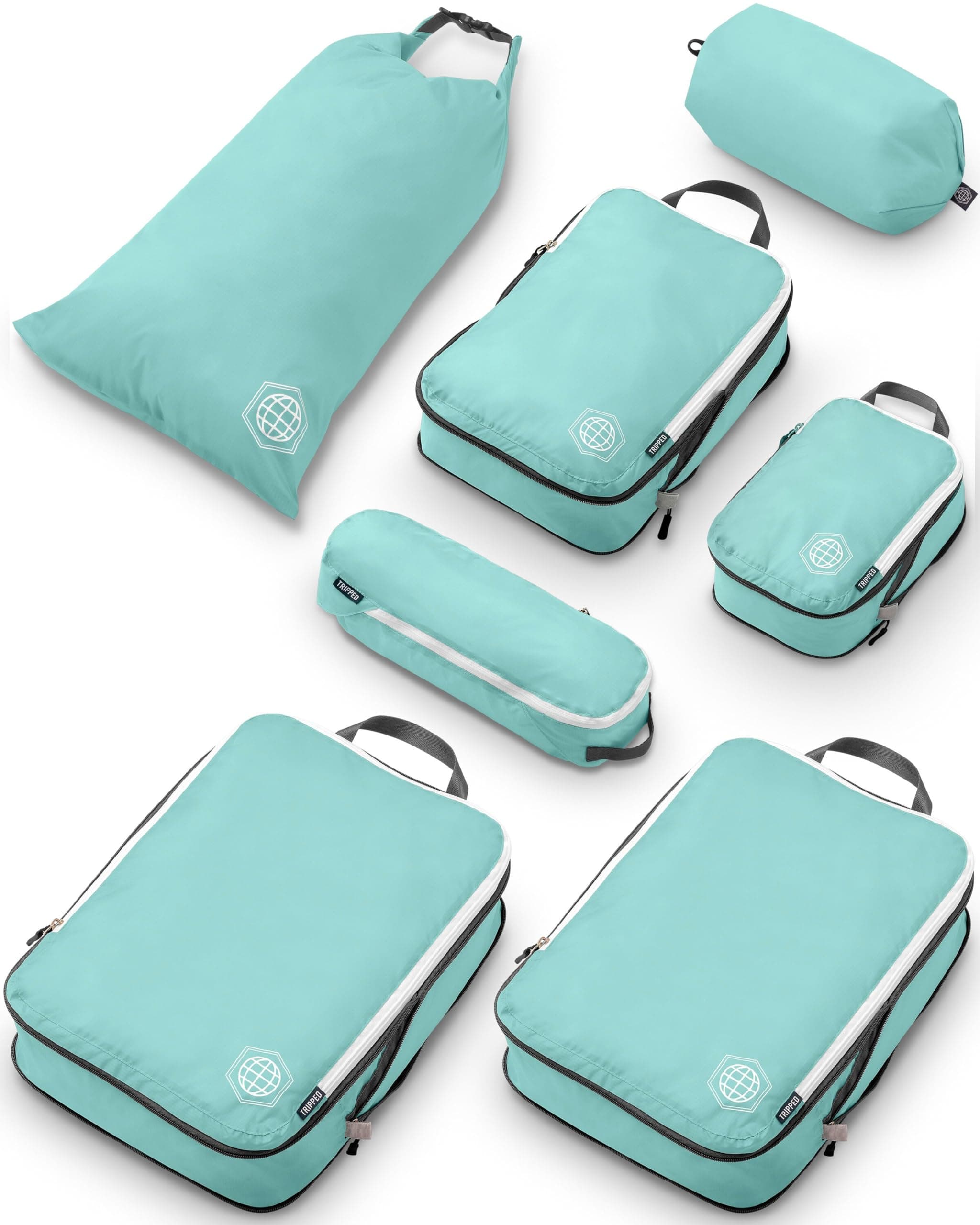 TRIPPED Travel Gear Large Packing Cubes Travel Compression Packing Cubes Luggage Organizers Set of 7 Ultra Lightweight Expandable Compression Bags for Clothes (Dust-Teal/White)