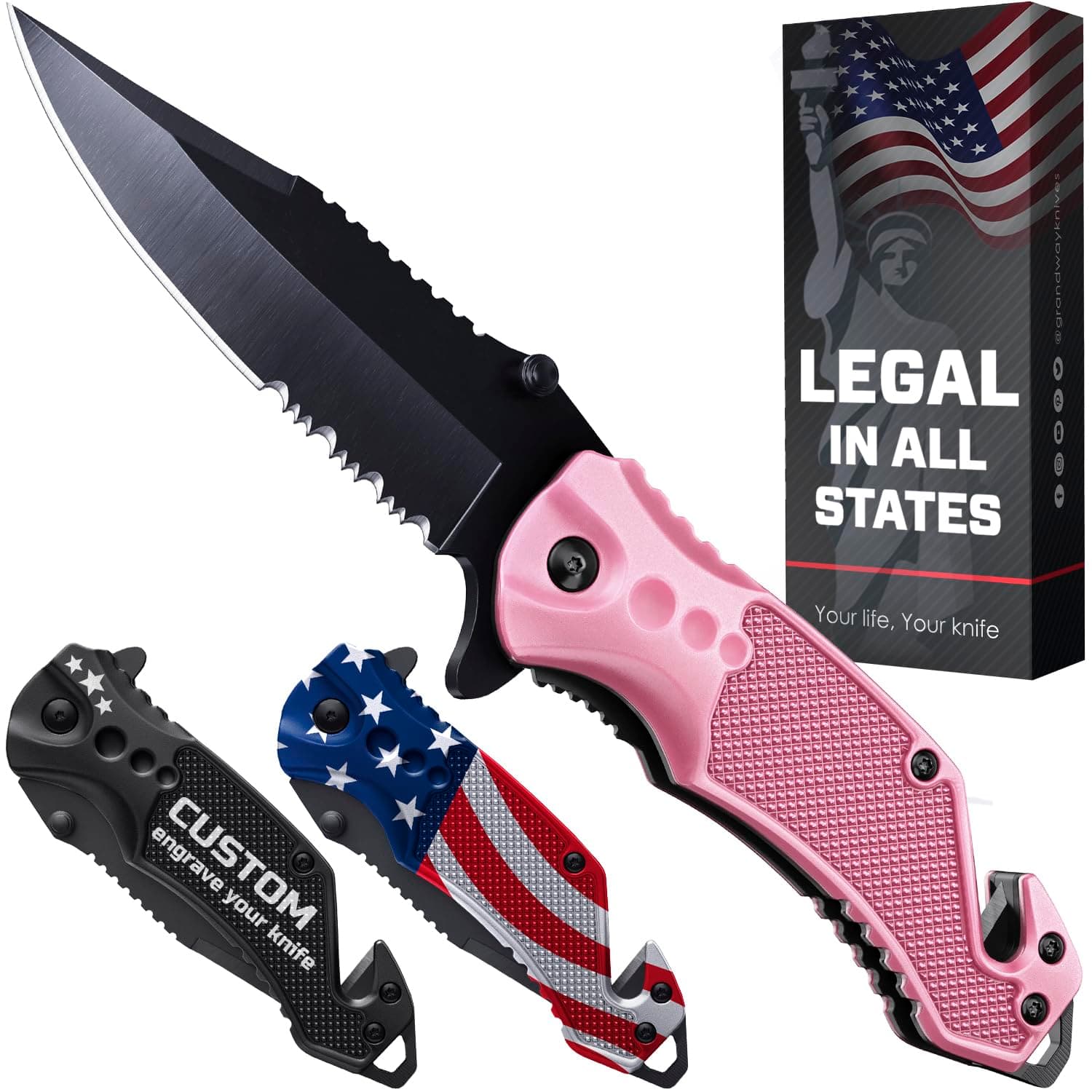 GOOD WORKER Legal Pocket Knife with 2.95” Serrated Blade, Glass Breaker, Seat Belt Cutter - EDC Sharp Folding Knives with Portable Clip - Small Tool for Tactical Camping Survival Hiking - Gifts for Men, Women