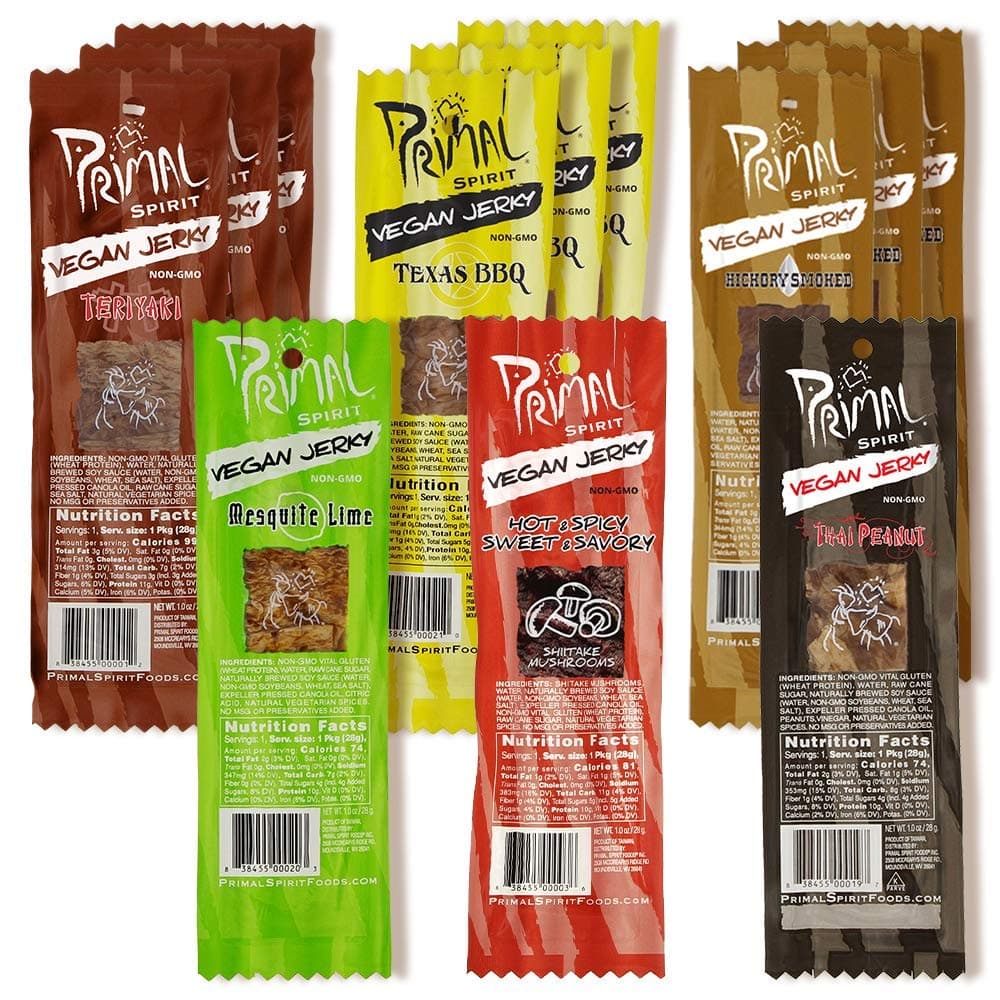 Primal Spirit Vegan Jerky - The Most Popular Flavor Pack, 10 g. Plant Protein (3) "The Classics" Teriyaki, 3 Hickory Smoke, 3 Texas Barbecue, 1 Type Peanut, 1 Hot & Spicy, 1 Mesquite Trime, 1 Pack of