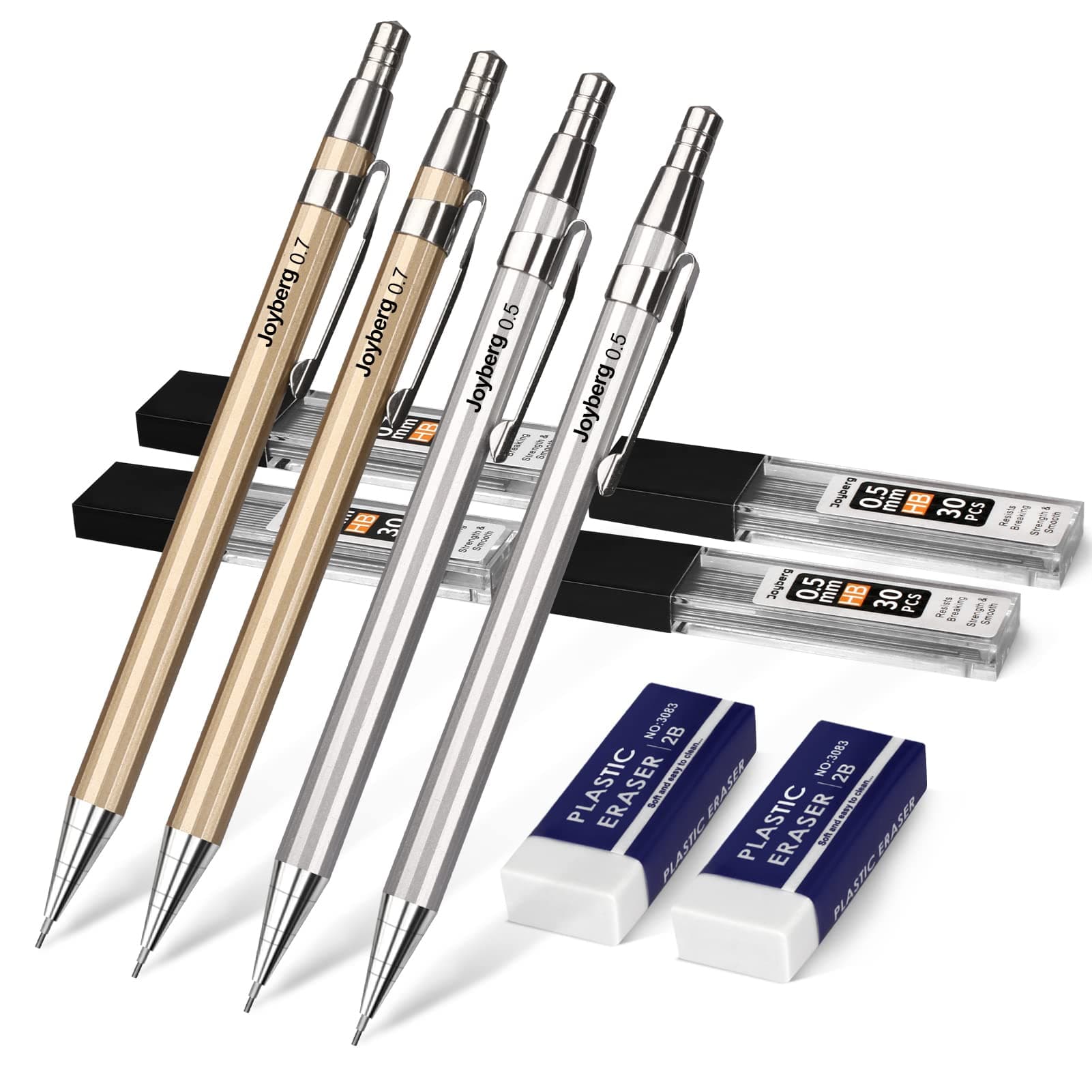 Joyberg 4 Pack Metal Mechanical 0.5mm, 0.7mm, Lead Pencil with 30 HB Lead Refills 0.5 & 30 HB Lead Refills 0.7 & 2 Erasers, Drafting Pencil Set with Case for Artist Writing, Drawing Sketching